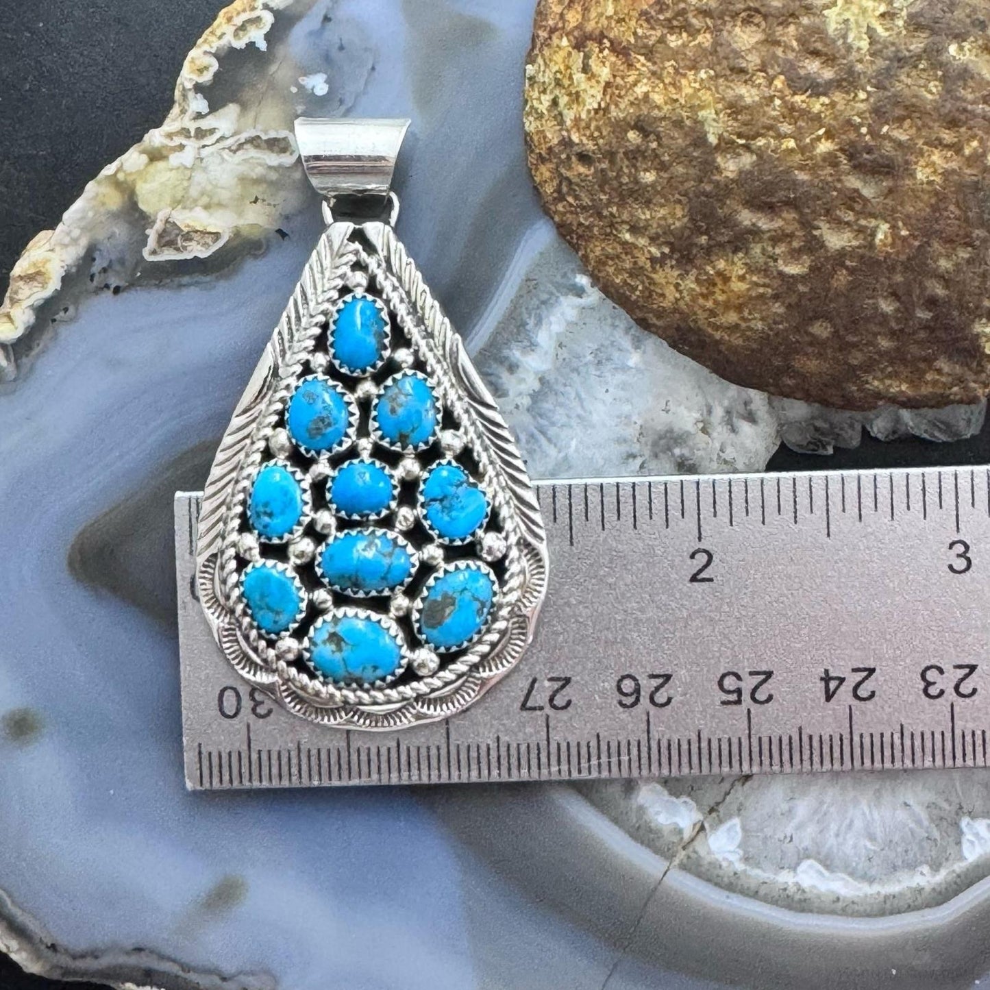 Marlene Jones Native American Sterling Silver Turquoise Teardrop Pendant For Women