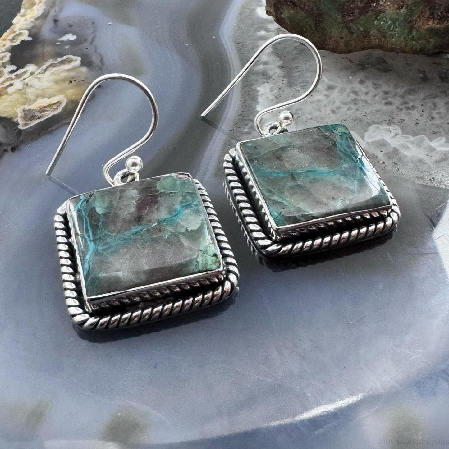 Sterling Silver Southwestern Style Square Green Shattuckite Dangle Earrings For Women