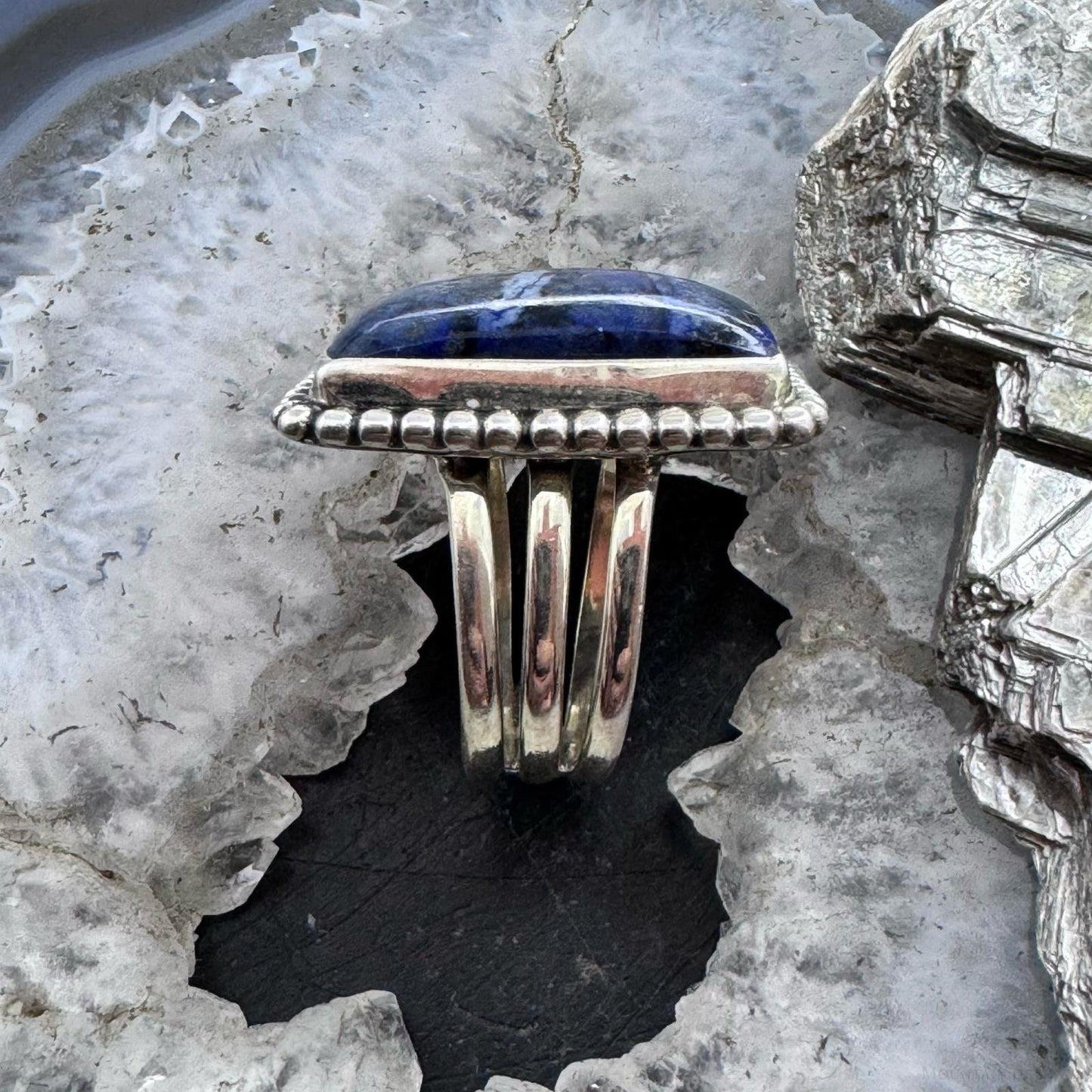 Sterling Silver Southwestern Style Dumortierite Decorated Ring Size 7.75 For Women