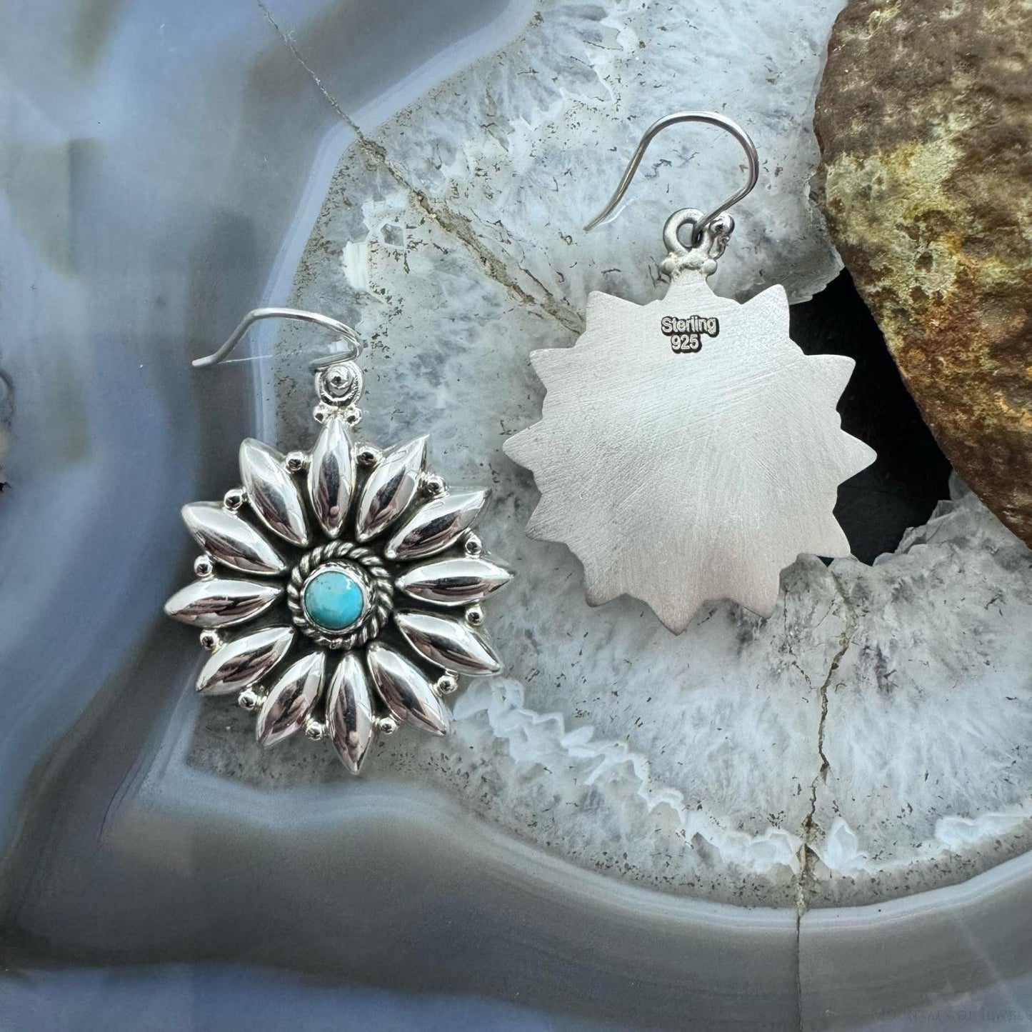 Sterling Silver Southwestern Style Turquoise Floral Dangle Earrings For Women