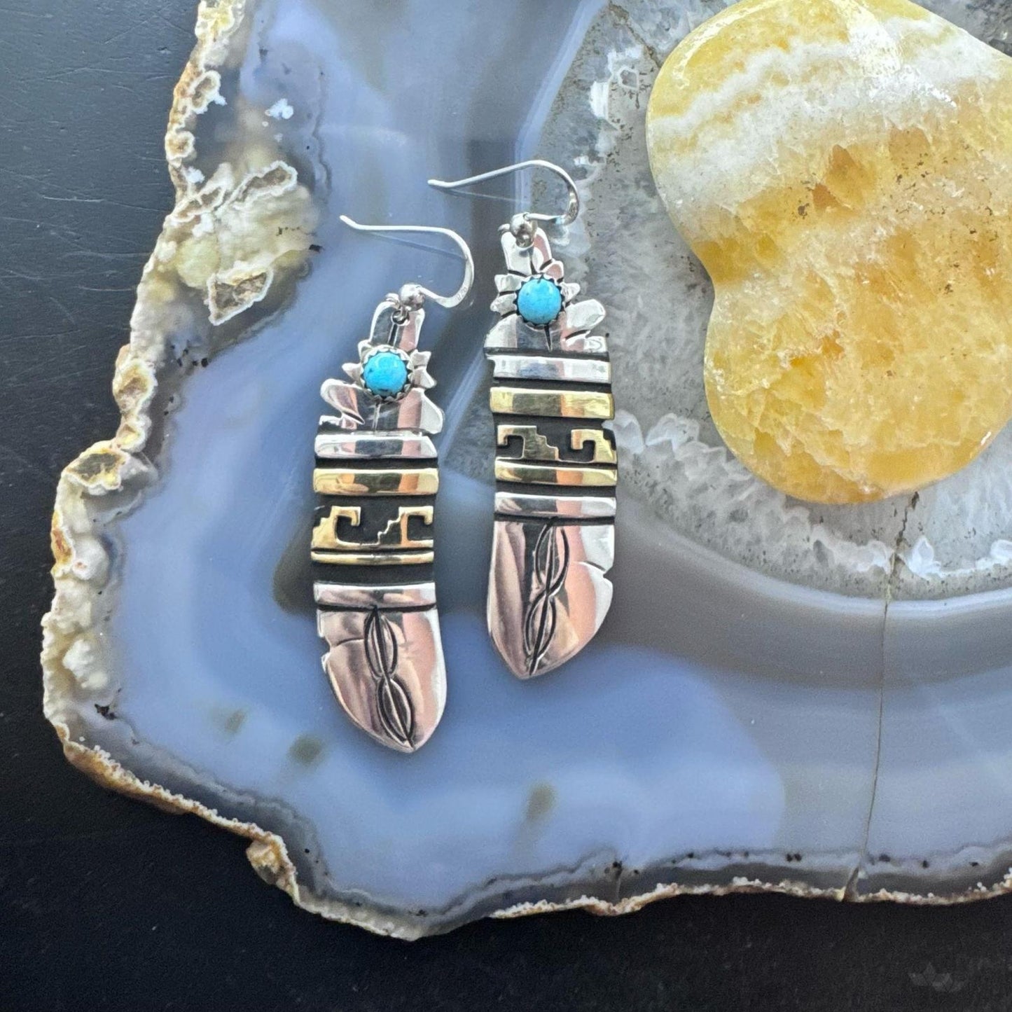 Tommy & Rosita Singer Sterling Silver & Gold Filled Turquoise Dot Feather Dangle Earrings For Women