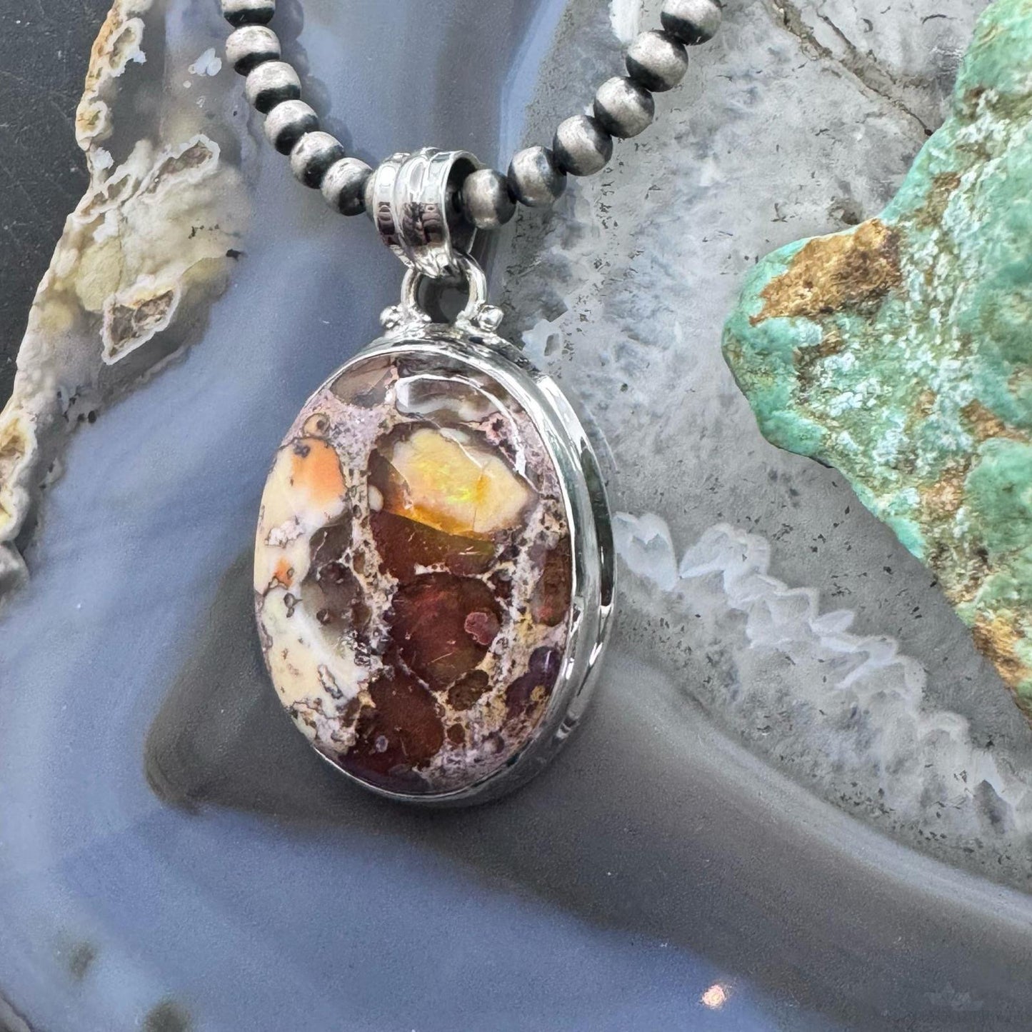 Sterling Silver Southwestern Style Oval Mexican Fire Opal Pendant For Women