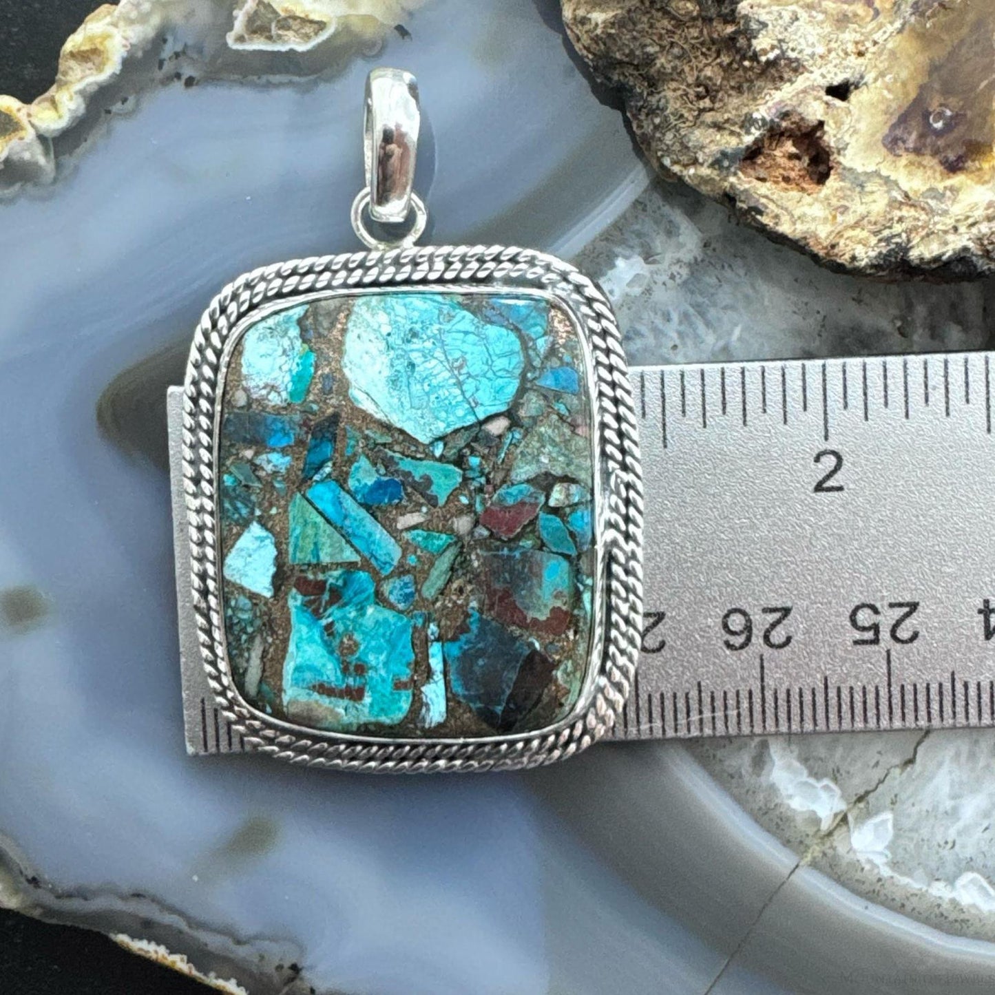 Sterling Silver Southwestern Style Large Square Cooper Turquoise Pendant For Women