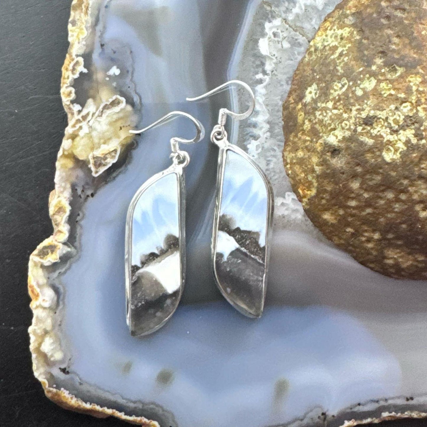 Sterling Silver Southwestern Style Tilde-shape Blue Opal Agate Dangle Earrings For Women
