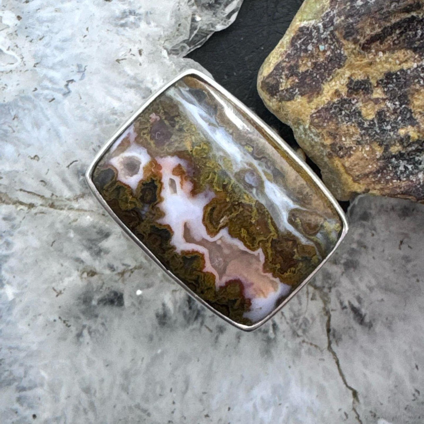 Sterling Silver Southwestern Style Rectangle Moroccan Seam Agate Ring Size 9.75 For Women