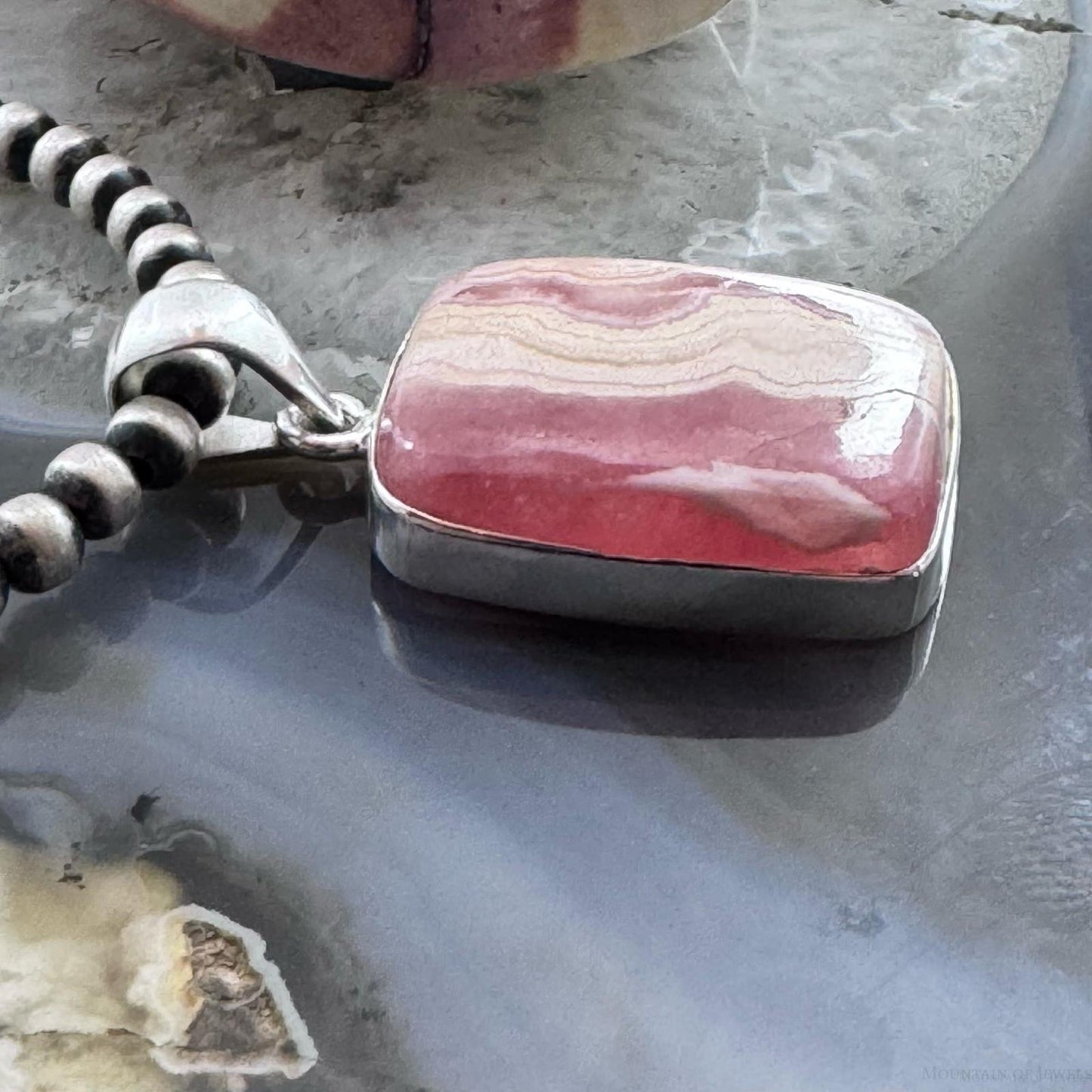 Sterling Silver Southwestern Style Rectangle Rhodochrosite Pendant For Women