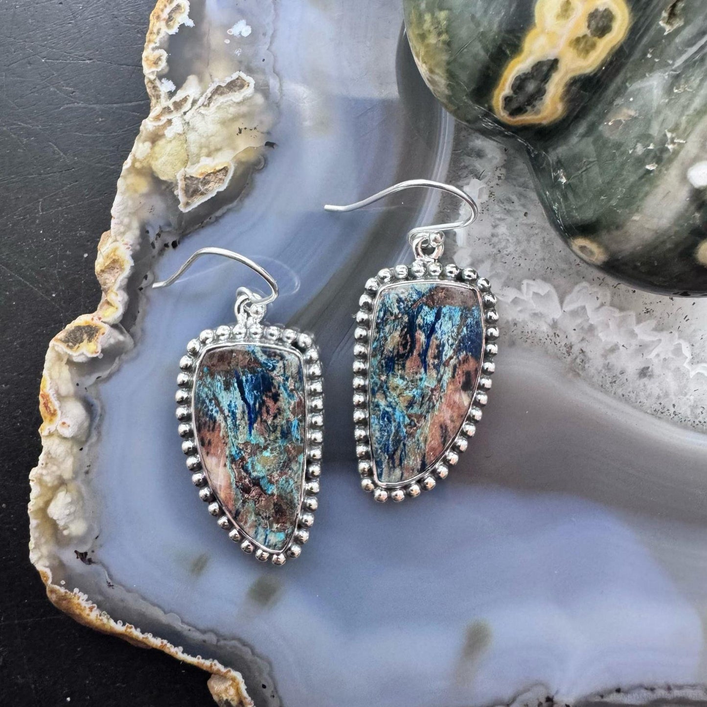 Sterling Silver Southwestern Style Triangle Shattuckite Dangle Earrings For Women #1