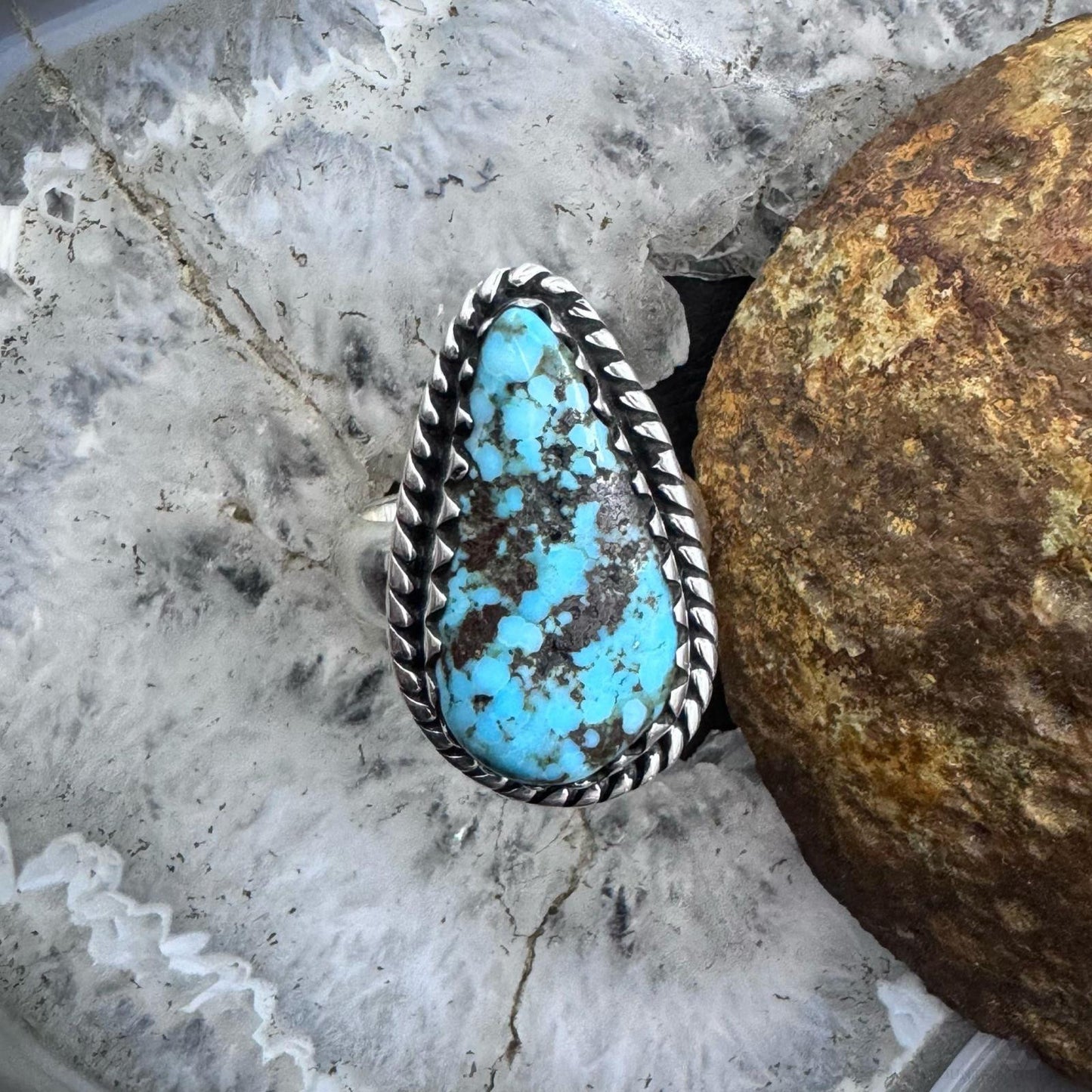 Sterling Silver Southwestern Style Teardrop Turquoise Ring Size 6.75 For Women