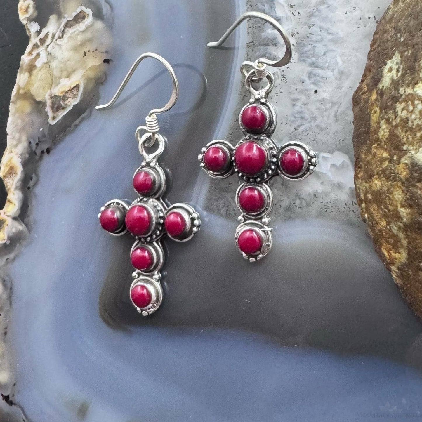 Sterling Silver 6 Red Gemstone Decorated Cross Fashion Dangle Earrings For Women