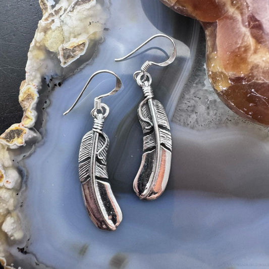 Sterling Silver Southwestern Style Curved Feather Dangle Earrings For Women