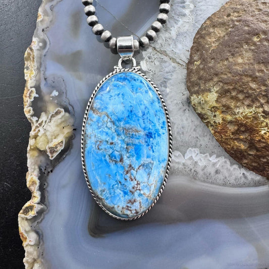 Sterling Silver Southwestern Style Elongated Oval Apatite Pendant For Women