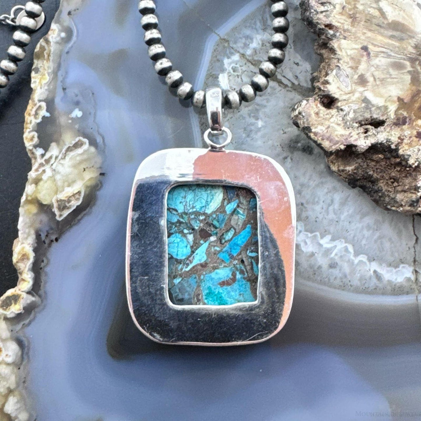 Sterling Silver Southwestern Style Large Square Cooper Turquoise Pendant For Women