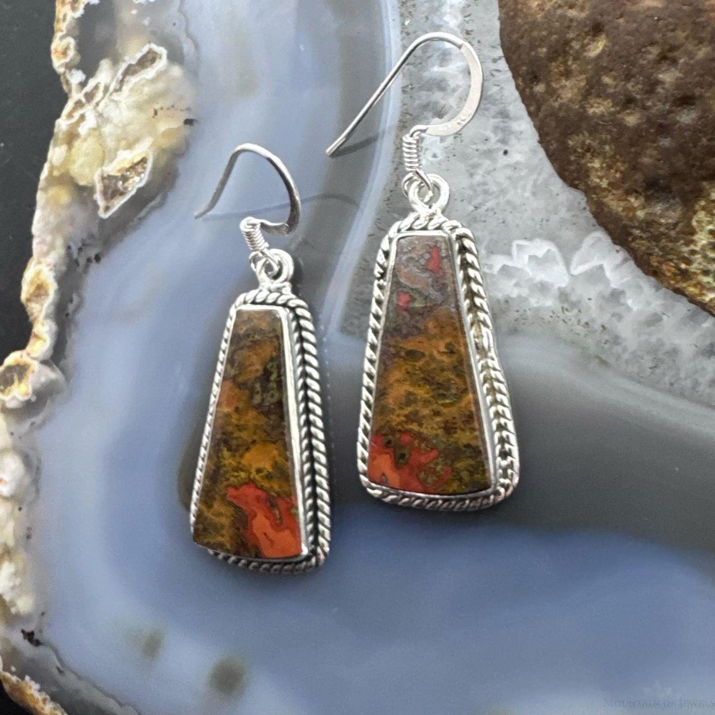 Sterling Silver Southwestern Style Trapezoid Moroccan Seam Agate Dangle Earrings For Women