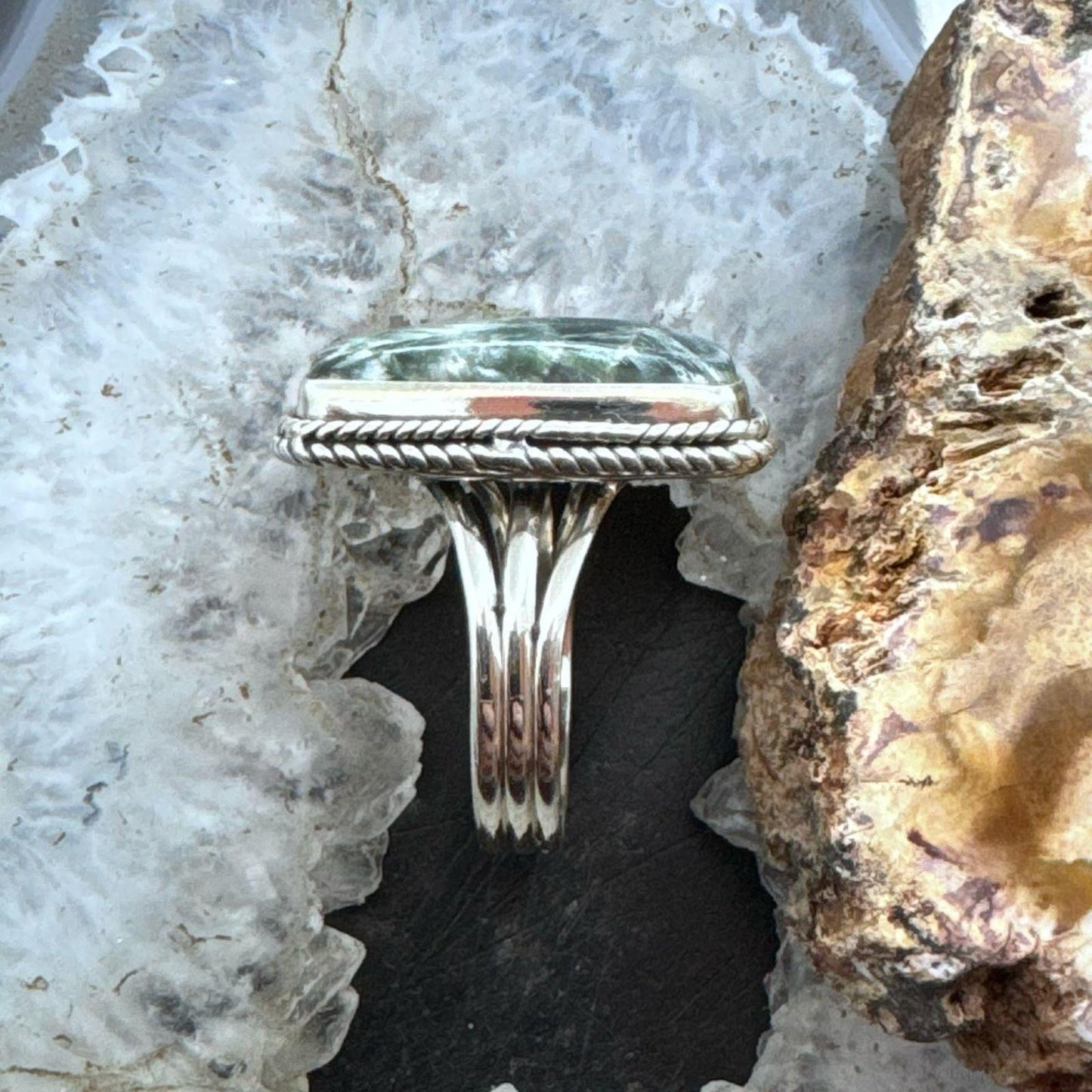 Sterling Silver Southwestern Style Seraphinite Bar Ring Size 8.5 For Women