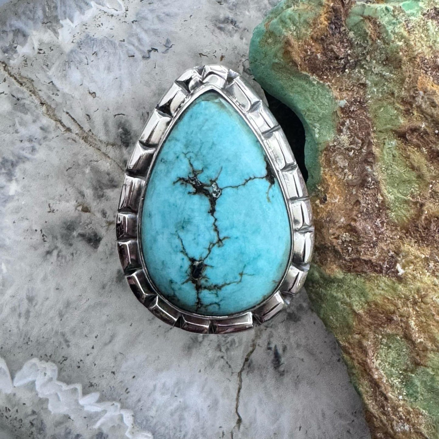 Sterling Silver Southwestern Style Teardrop Tibetan Turquoise Ring Size 7.75 For Women