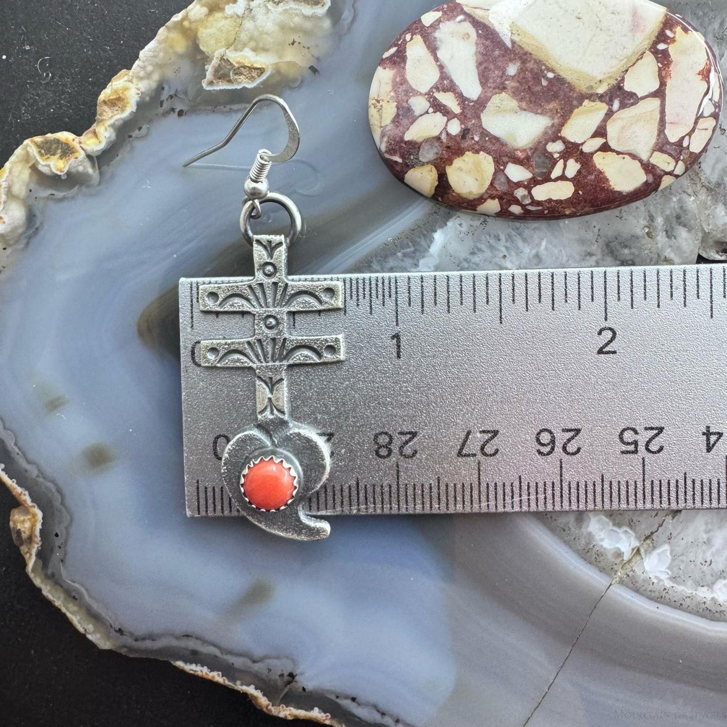 Kevin Billah Native American Sterling Silver Coral Cross & Heart Dangle Earrings For Women