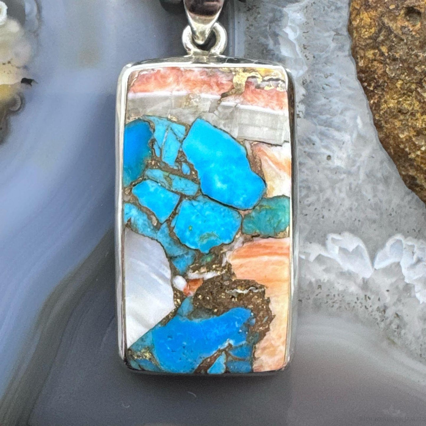 Sterling Silver Southwestern Style Rectangle Mohave Turquoise Pendant For Women
