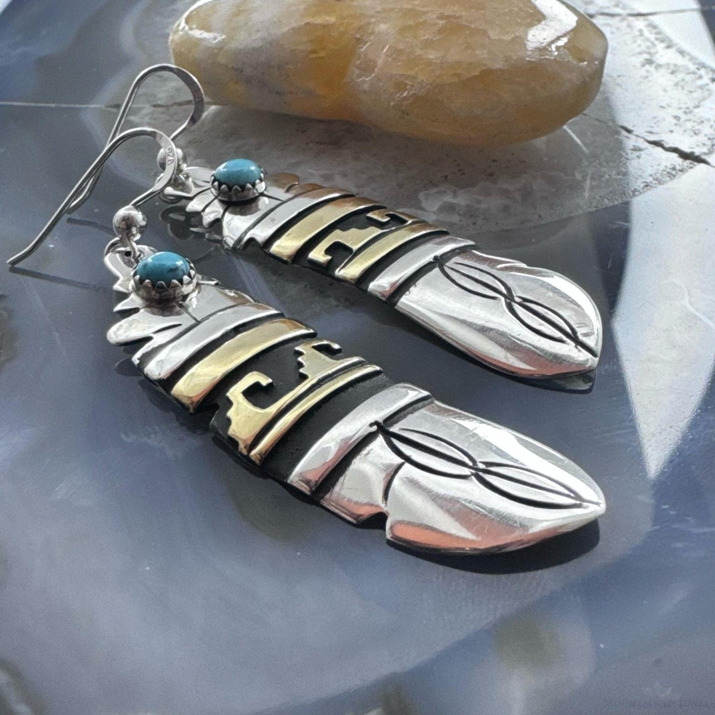 Tommy & Rosita Singer Sterling Silver & Gold Filled Turquoise Dot Feather Dangle Earrings For Women