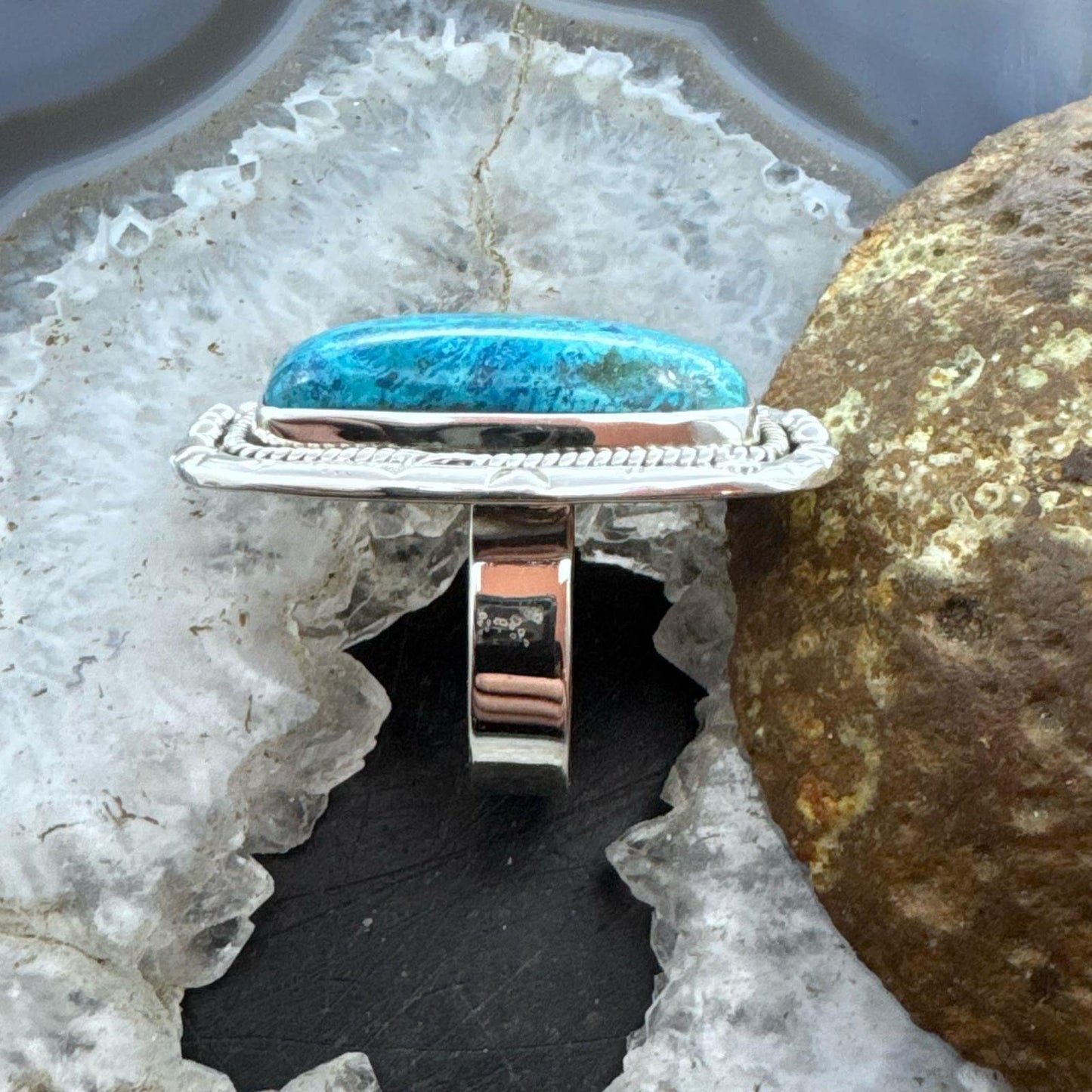 Sterling Silver Southwestern Style Chrysocolla Decorated Bar Ring Size 8 For Women