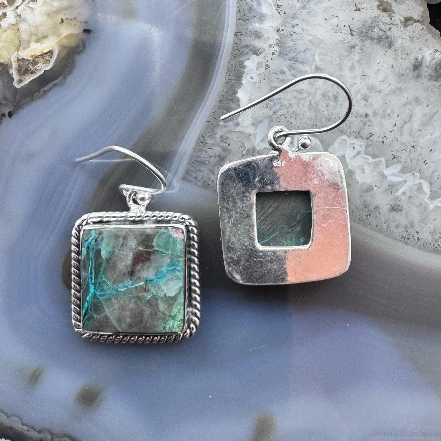 Sterling Silver Southwestern Style Square Green Shattuckite Dangle Earrings For Women