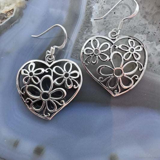 Sterling Silver Heart Flower Dangle Earrings For Women