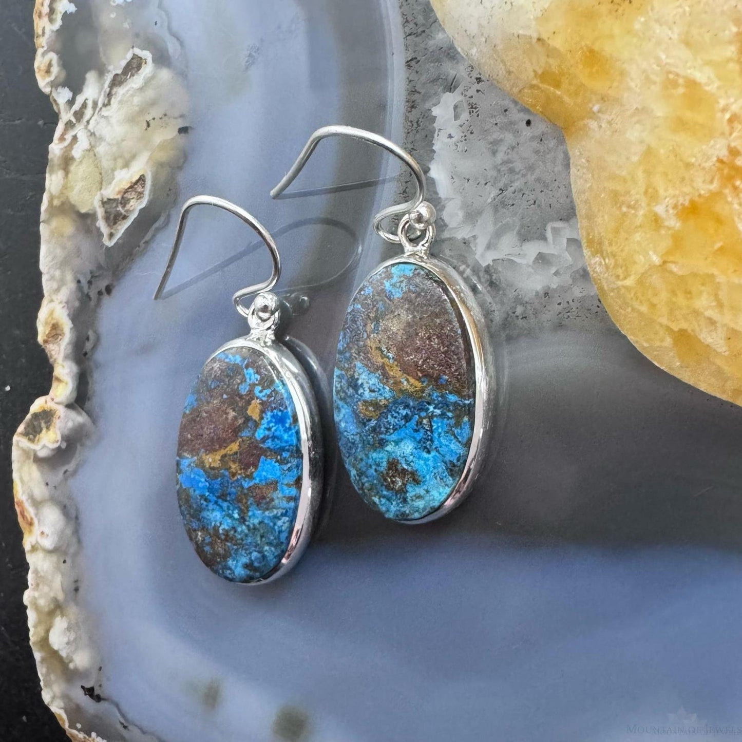 Sterling Silver Southwestern Style Oval Chrysocolla Dangle Earrings For Women