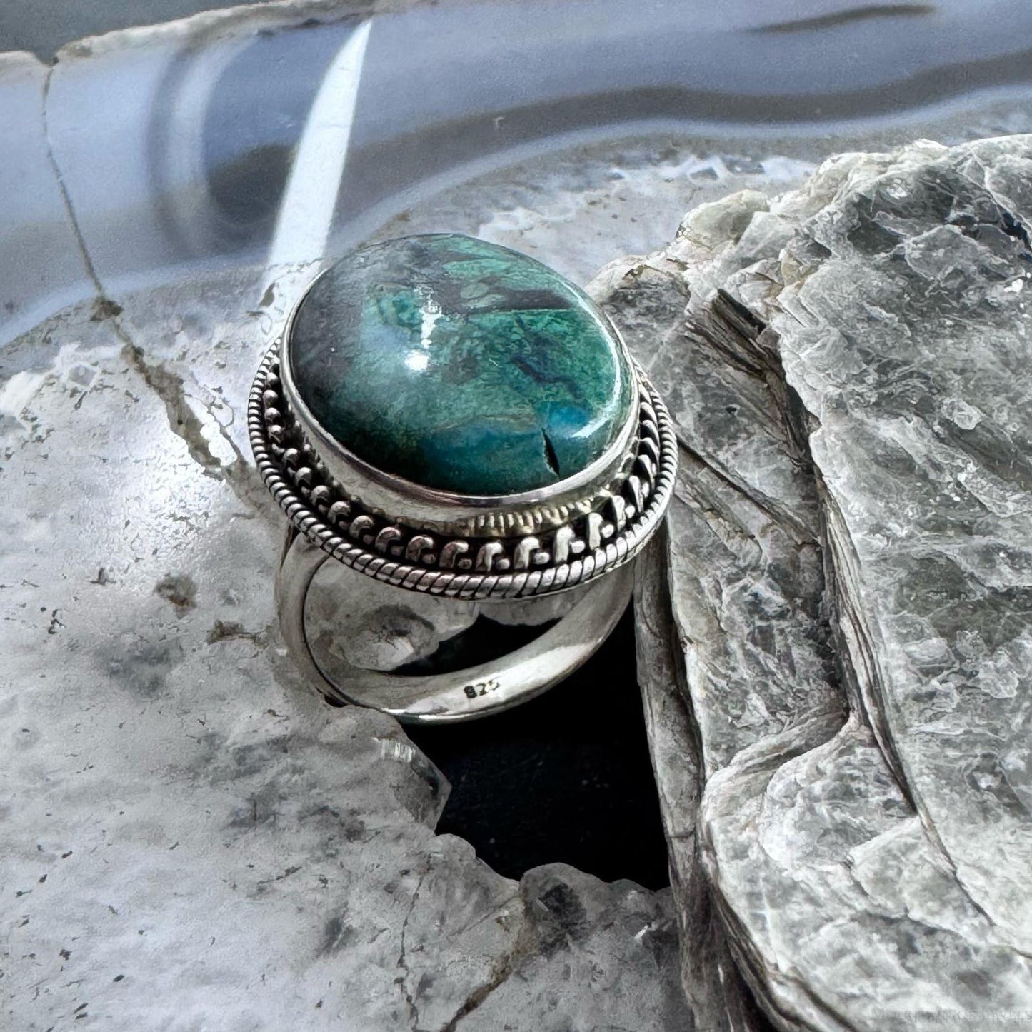 Sterling Silver Southwestern Style Oval Azurite Decorated Ring Size 7 For Women