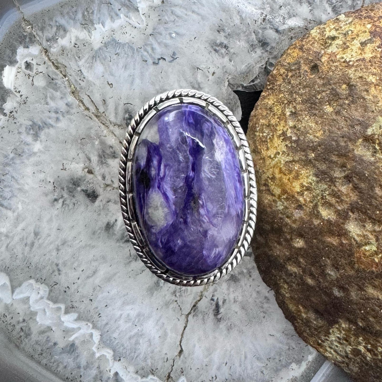 Sterling Silver Southwestern Style Oval Charoite Decorated Ring Size 7.5 For Women