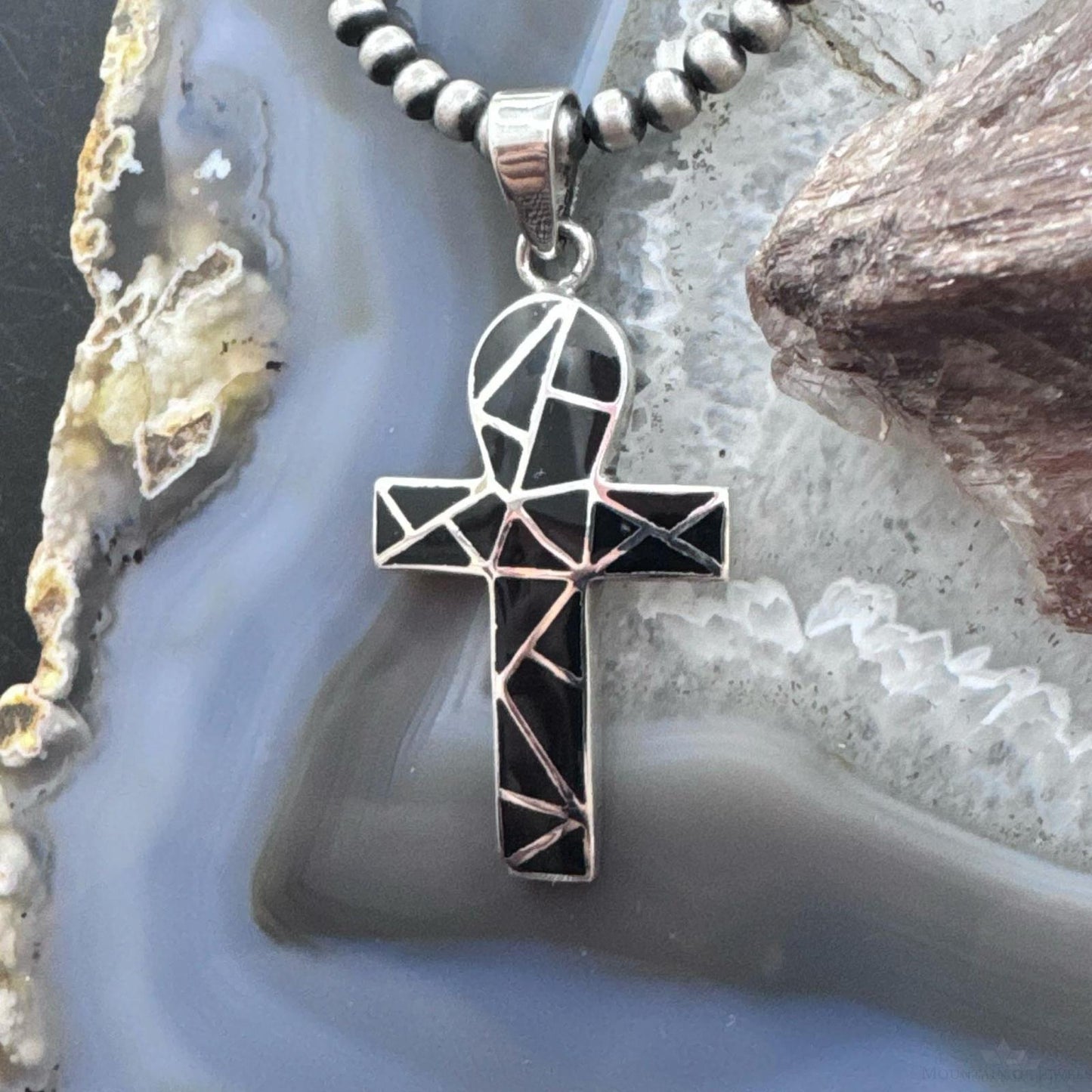 Sterling Silver Southwestern Style Onyx Inlay Unisex Cross Pendant