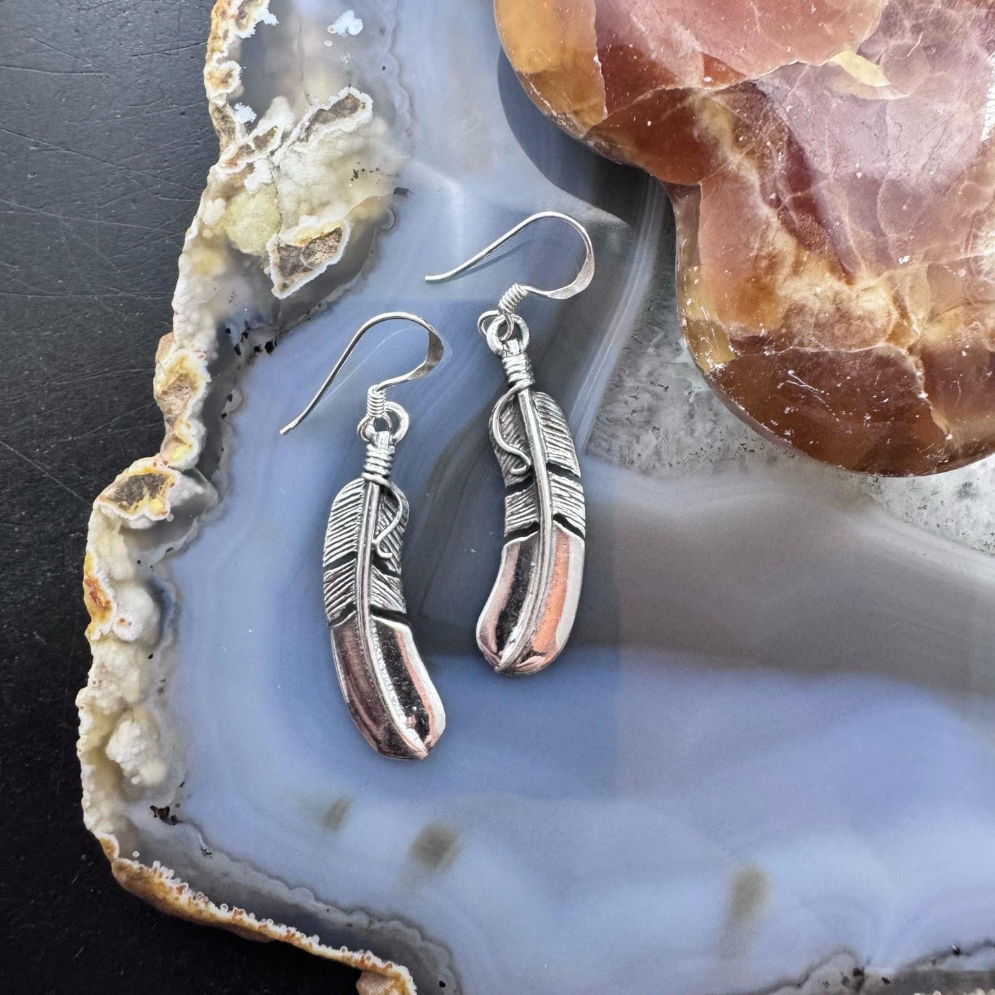 Sterling Silver Southwestern Style Curved Feather Dangle Earrings For Women