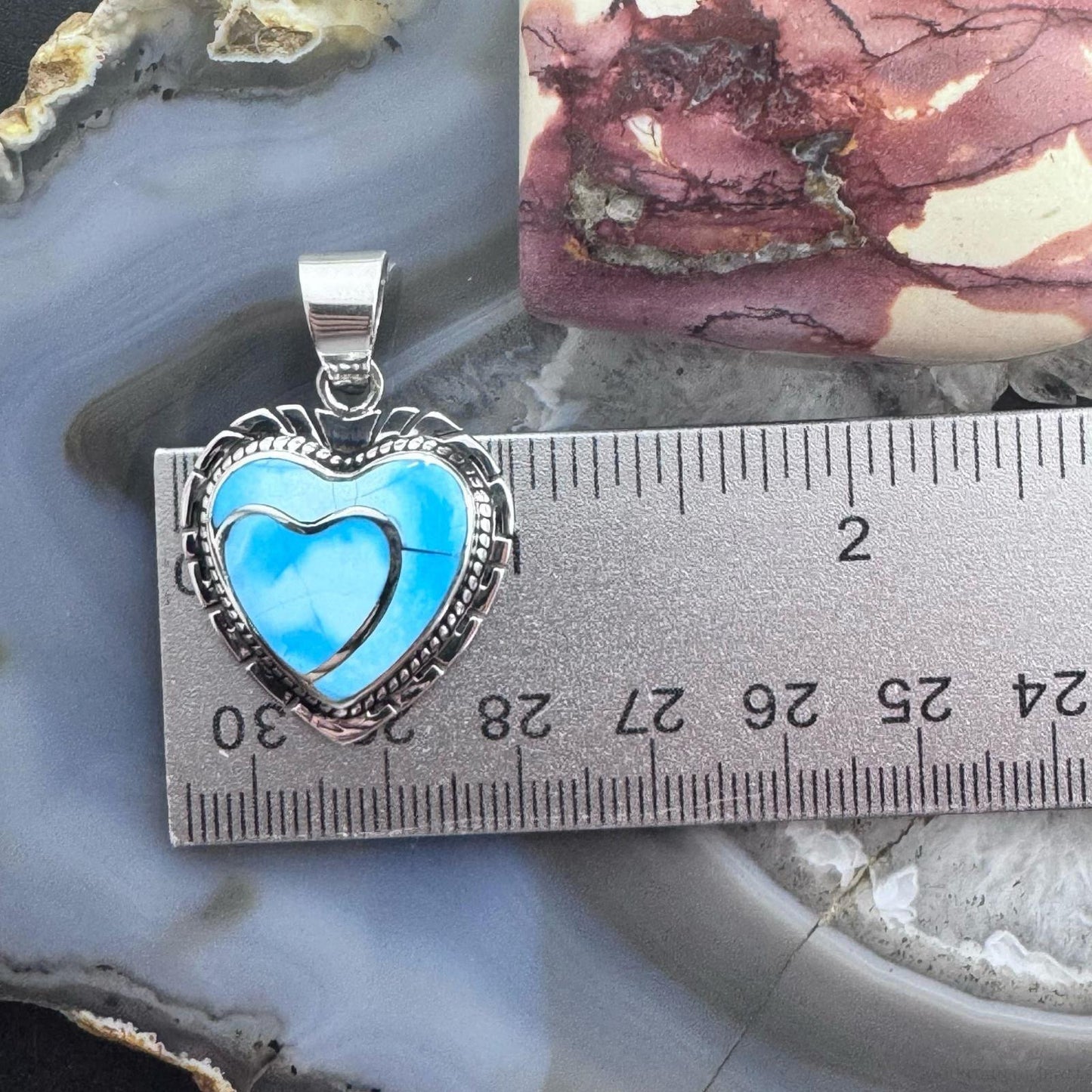 Native American Sterling Silver Blue Ridge Turquoise Decorated Double Heart Pendant For Women