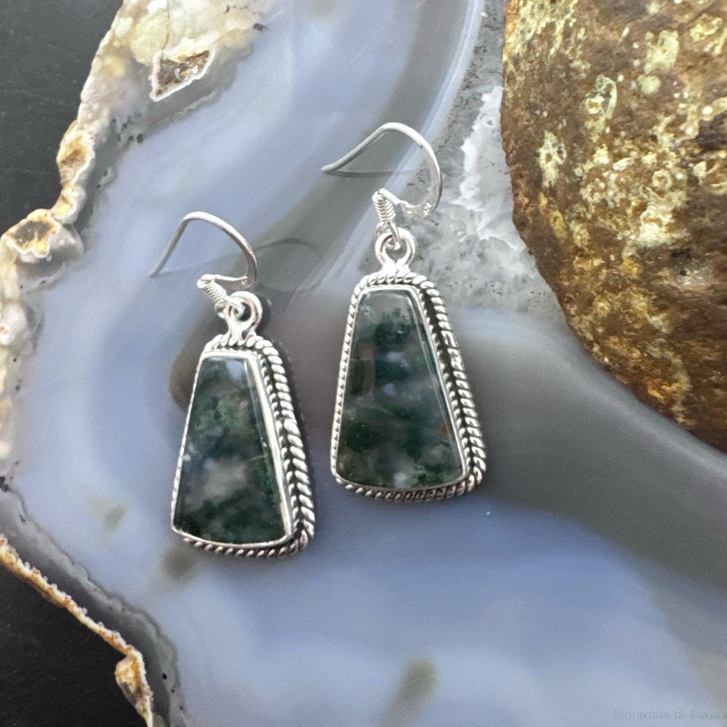 Sterling Silver Southwestern Style Trapezoid Moss Agate Dangle Earrings For Women