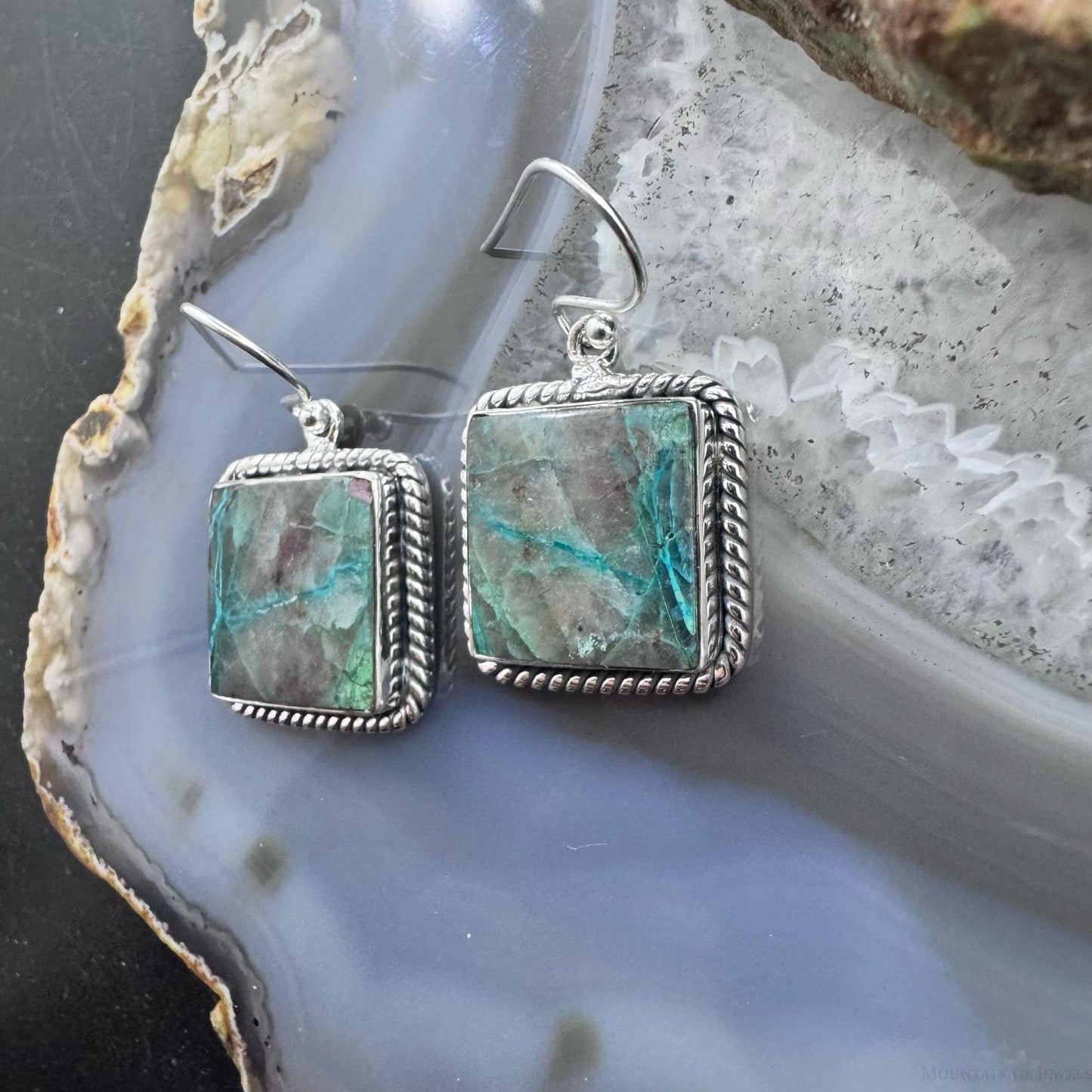 Sterling Silver Southwestern Style Square Green Shattuckite Dangle Earrings For Women
