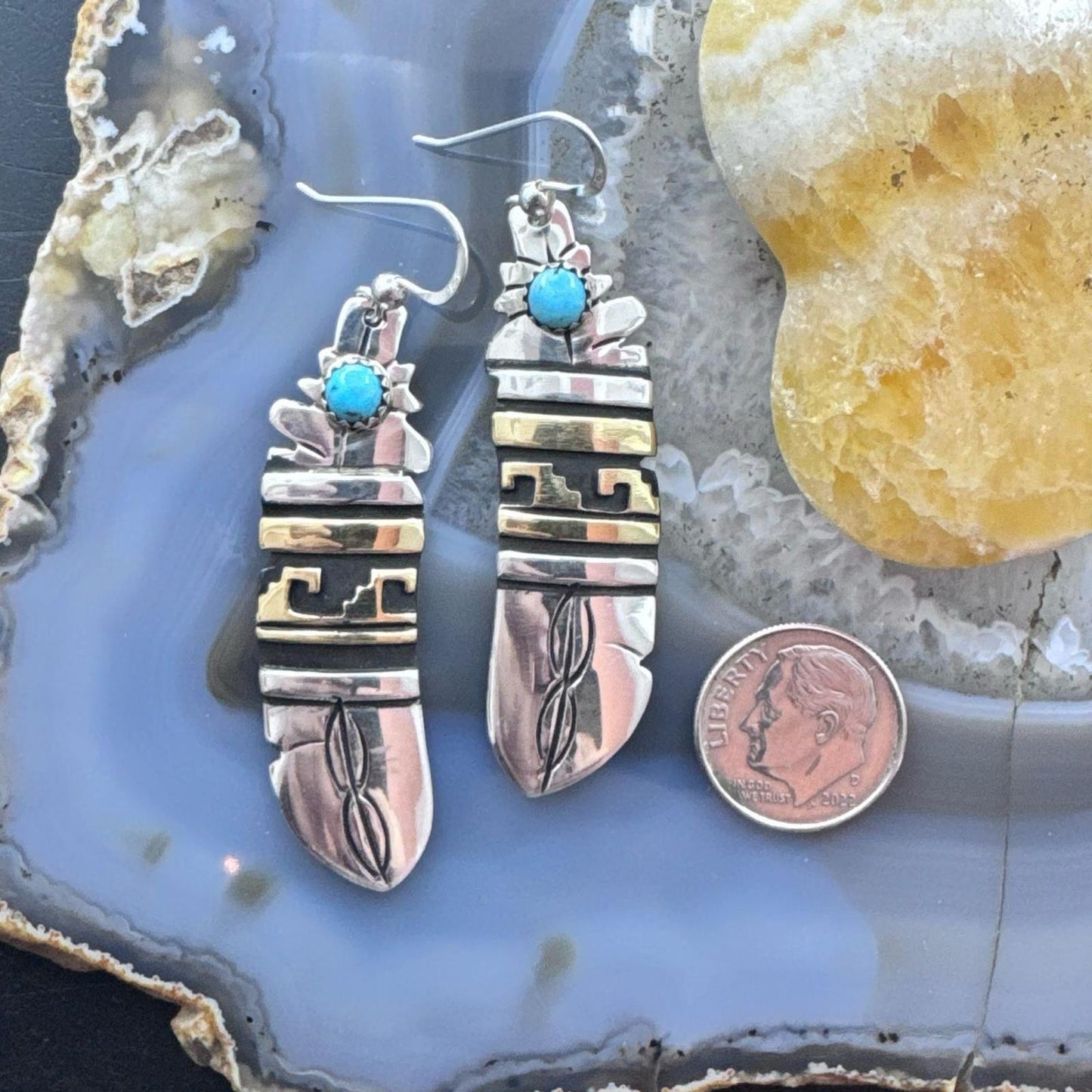 Tommy & Rosita Singer Sterling Silver & Gold Filled Turquoise Dot Feather Dangle Earrings For Women