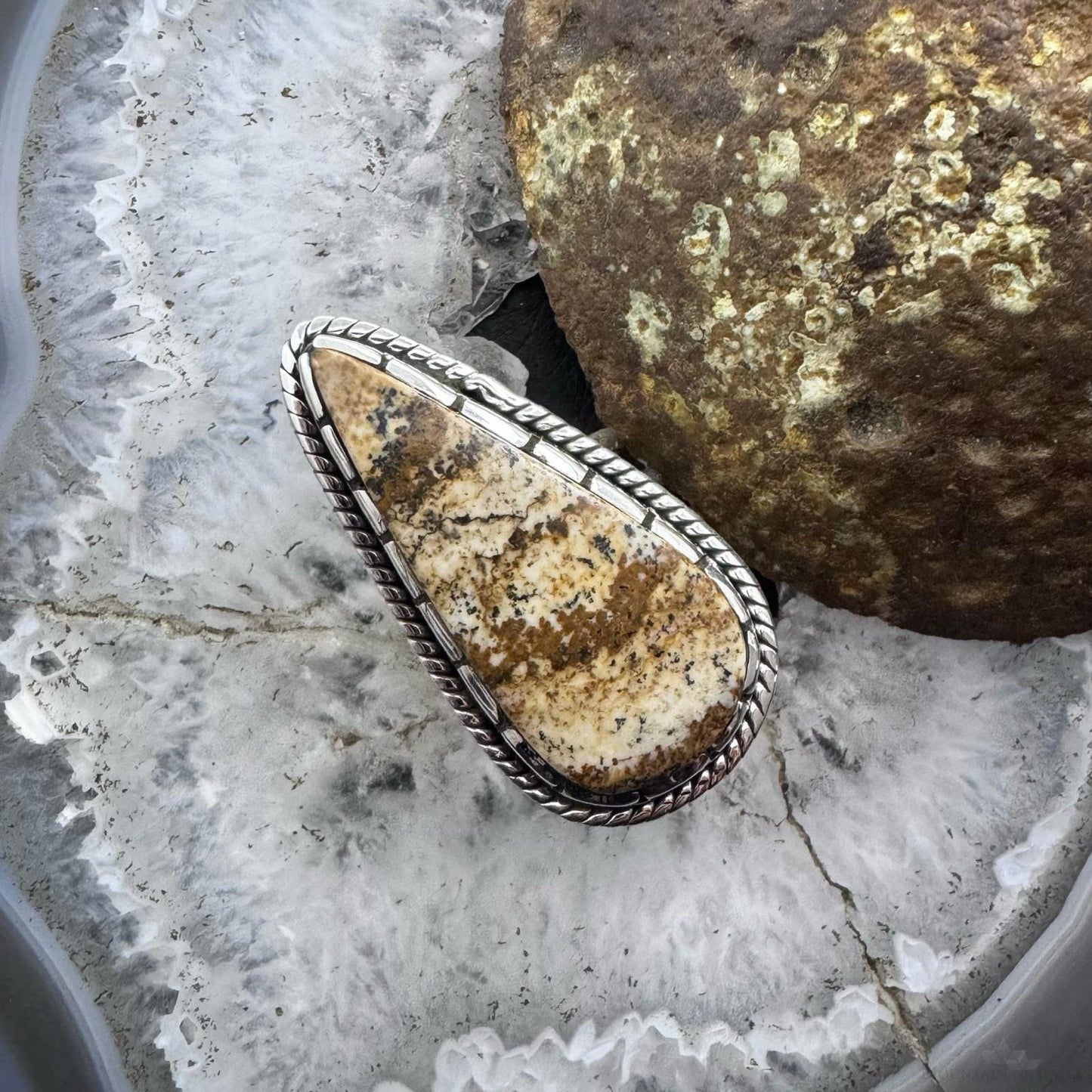 Sterling Silver Southwestern Style Teardrop Picture Jasper Ring Size 8 For Women