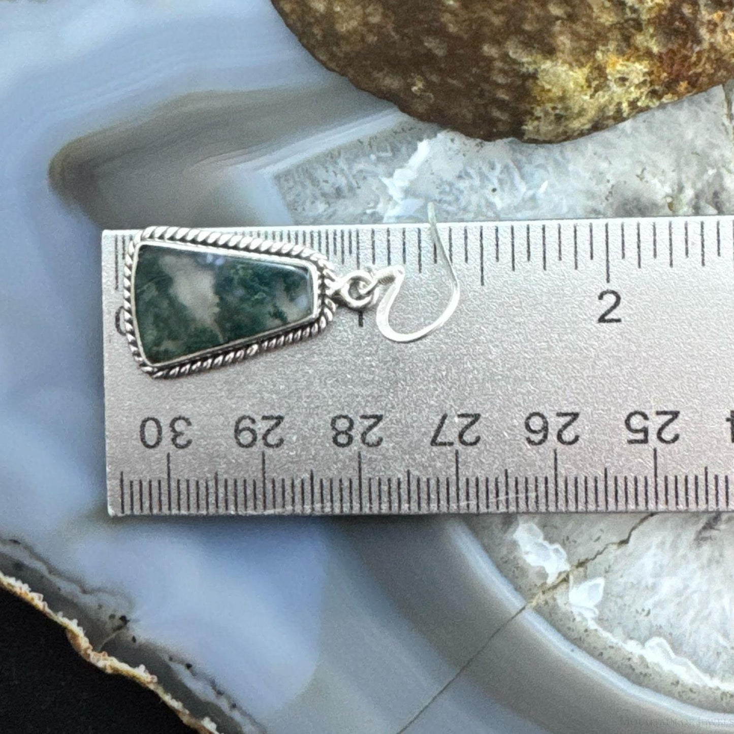 Sterling Silver Southwestern Style Trapezoid Moss Agate Dangle Earrings For Women