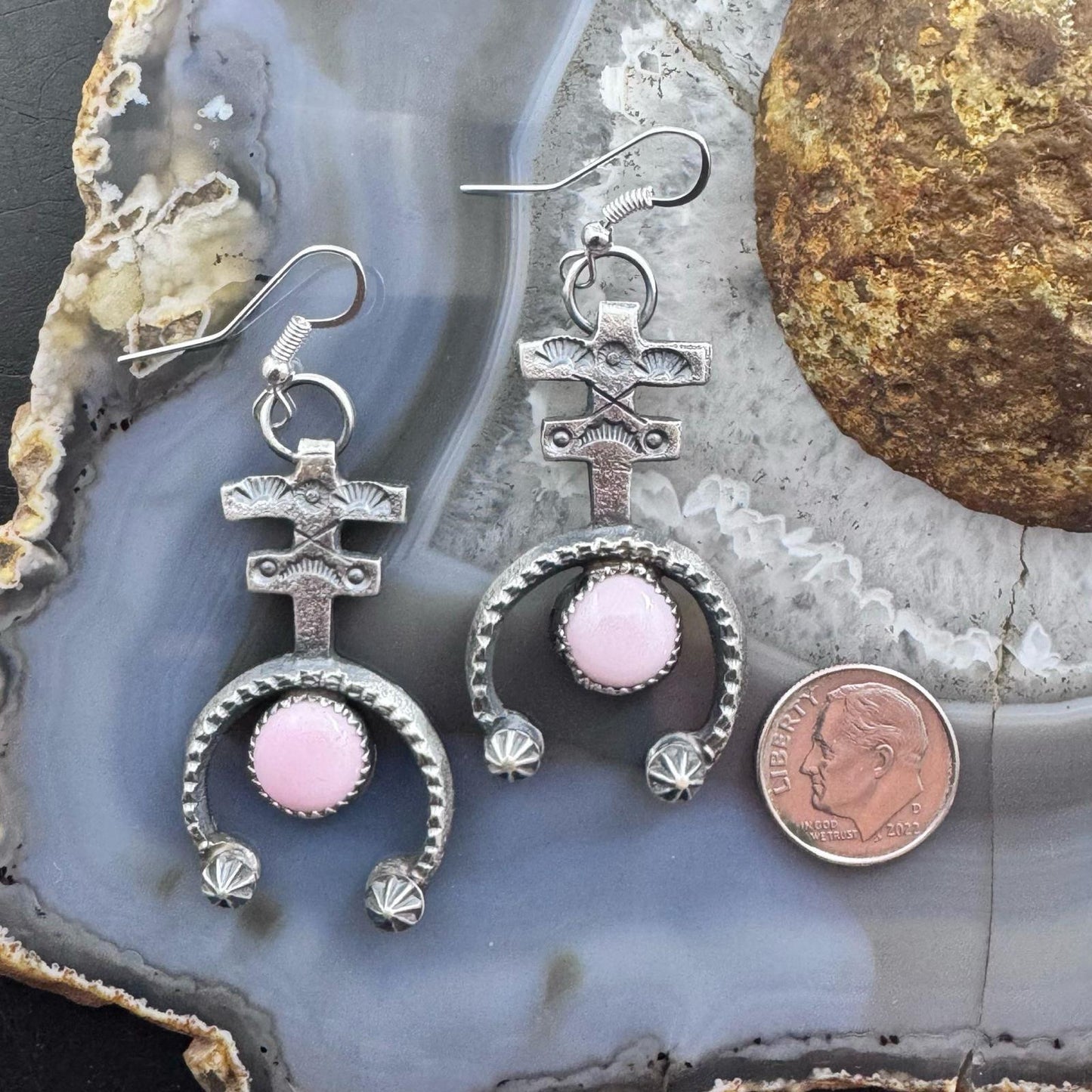 Eva & Linberg Billah Sterling Silver Sandcast Pink Conch Cross Dangle Earrings For Women