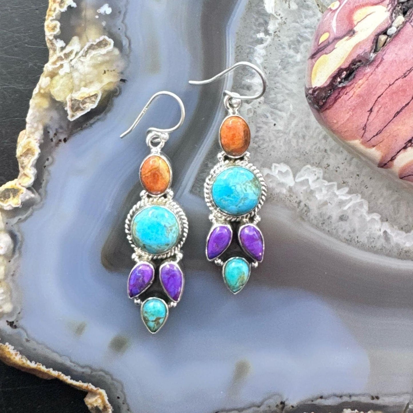 Sterling Silver Southwestern Style Multistone Cluster Dangle Earrings For Women #19