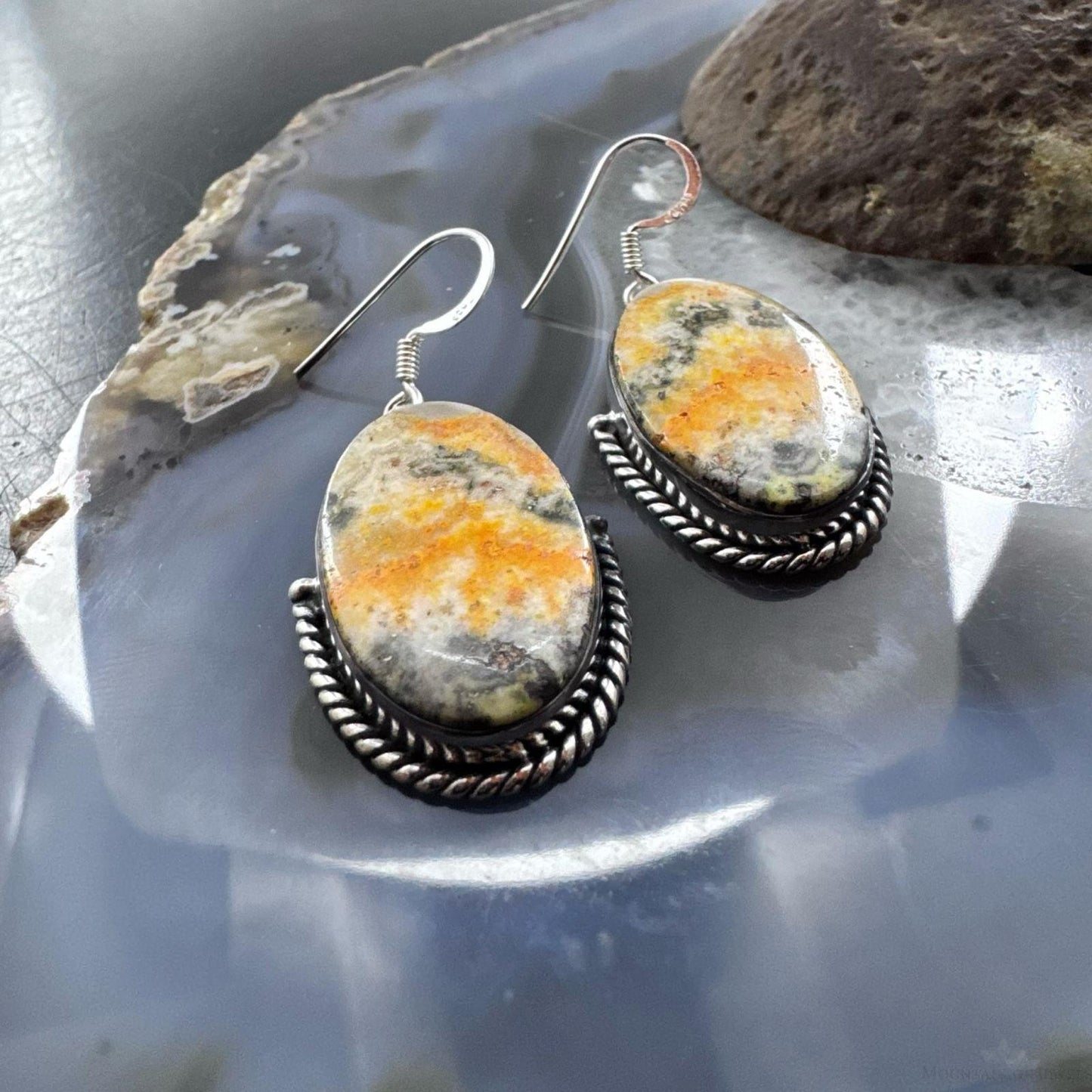 Sterling Silver Southwestern Style Large Oval Bumblebee Jasper Dangle Earrings For Women