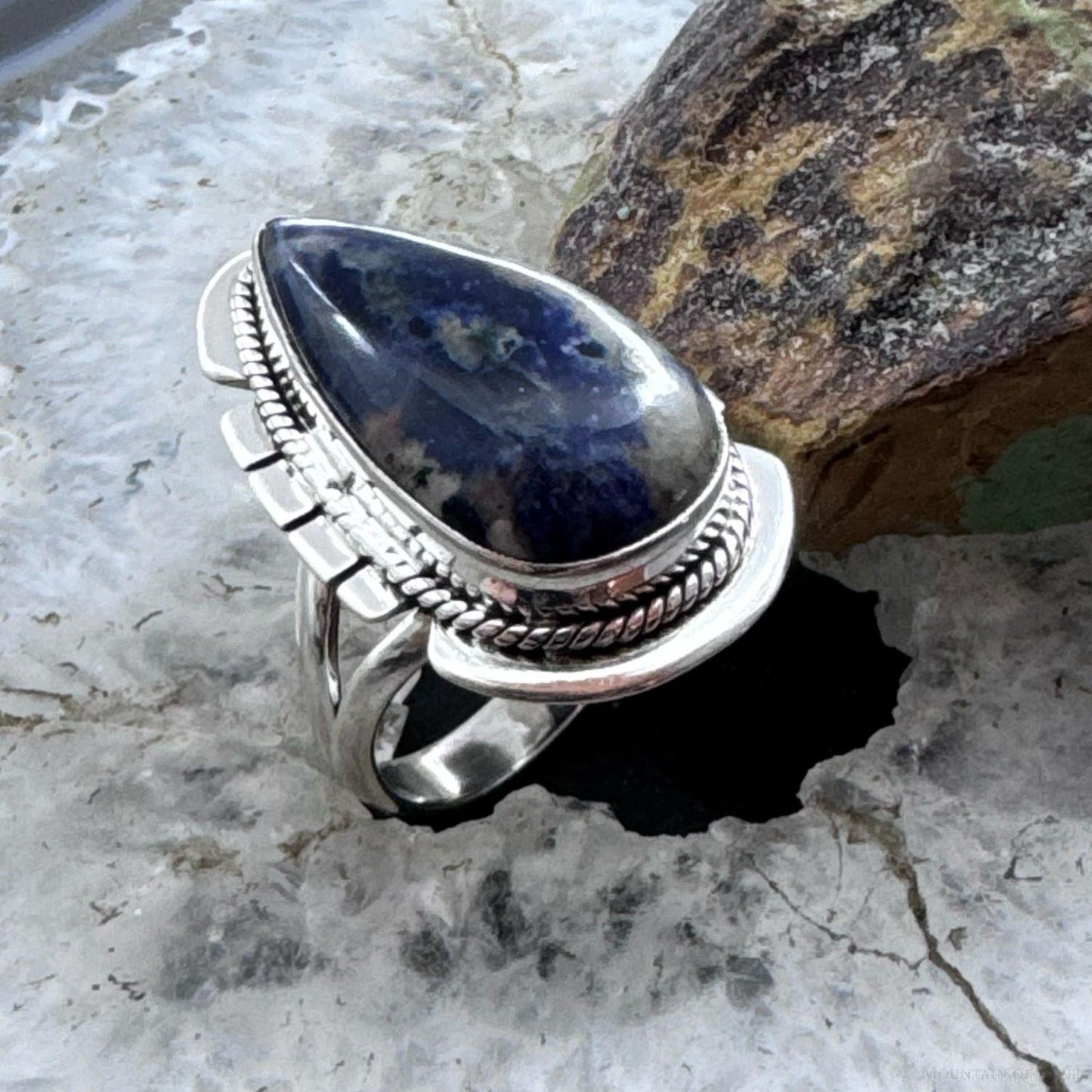 Sterling Silver Southwestern Style Teardrop Sodalite Decorated Ring Size 7 For Women