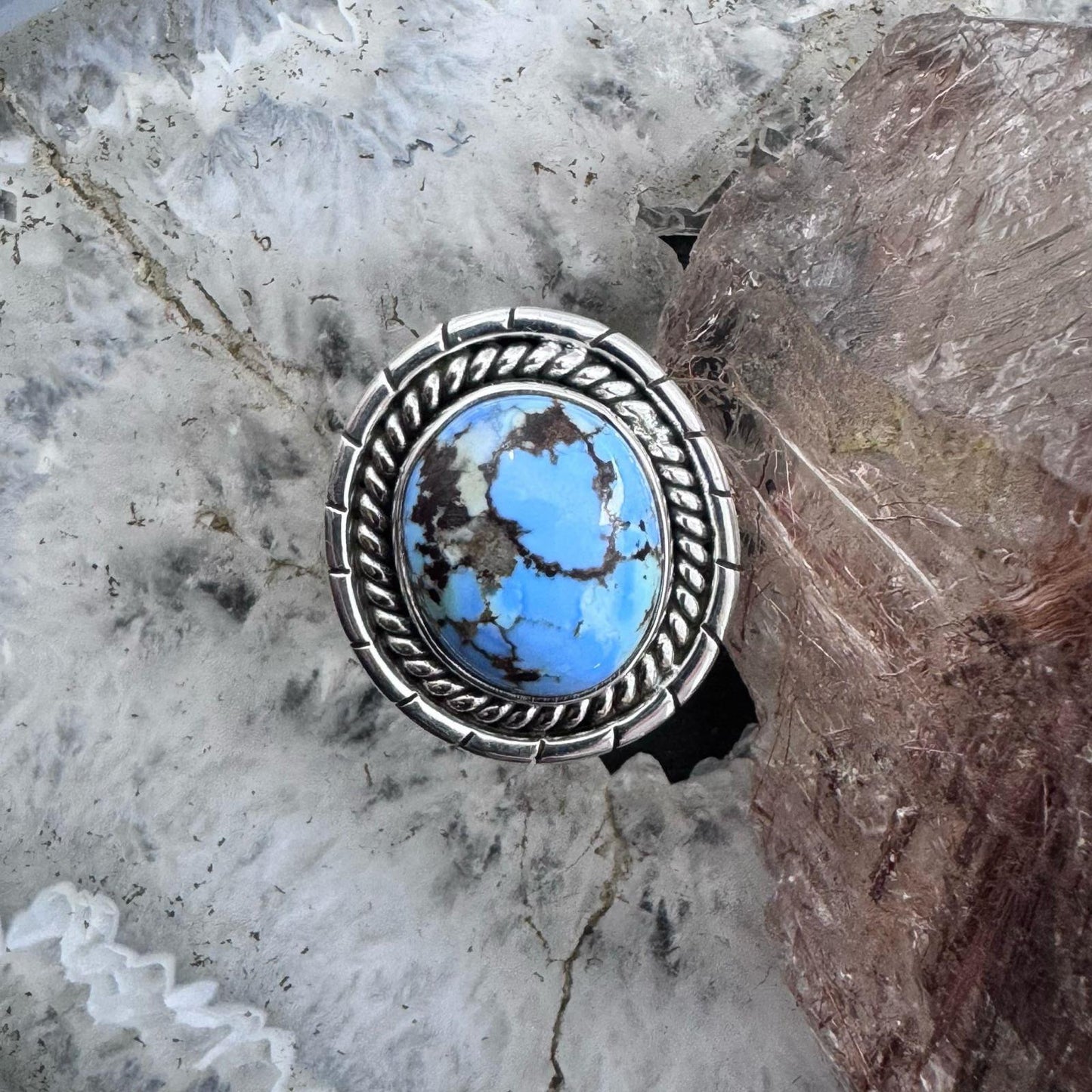 Sterling Silver Southwestern Style Oval Golden Hill Turquoise Ring Size 8 For Women