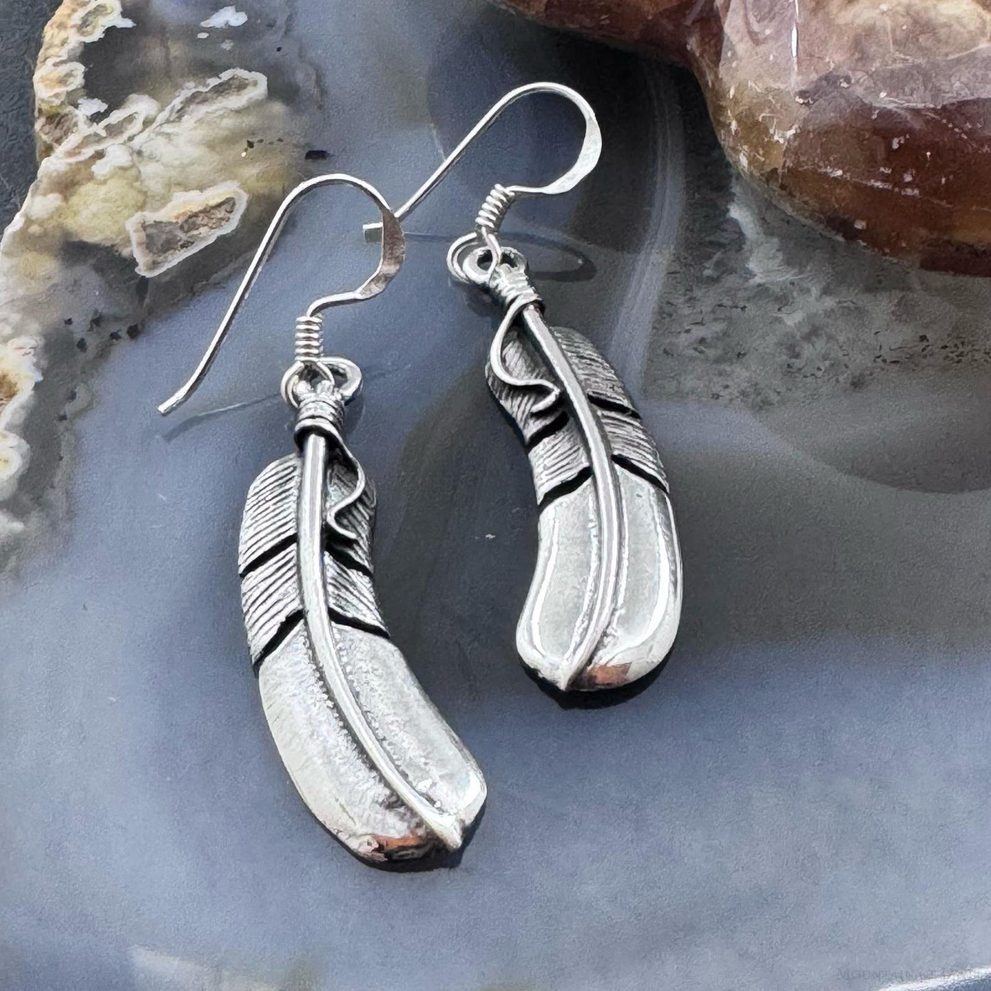 Sterling Silver Southwestern Style Curved Feather Dangle Earrings For Women