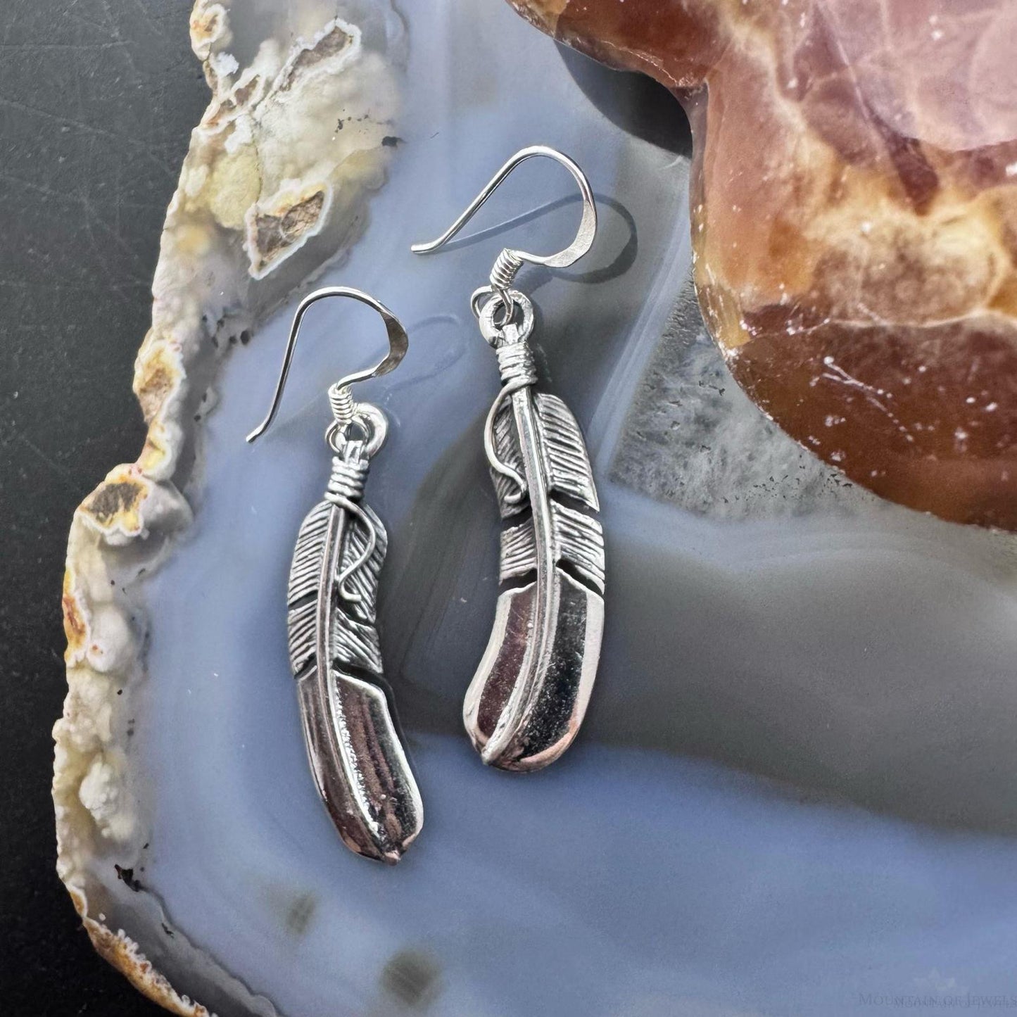 Sterling Silver Southwestern Style Curved Feather Dangle Earrings For Women