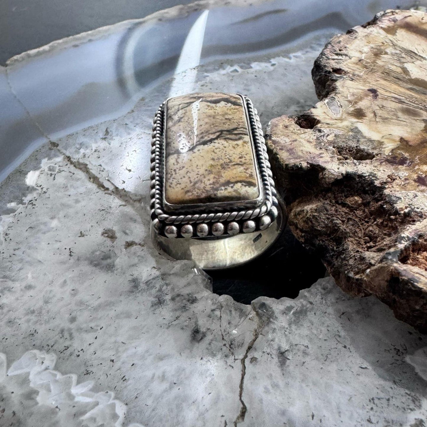 Sterling Silver Southwestern Style Picture Jasper Bar Ring Size 8.75 For Women