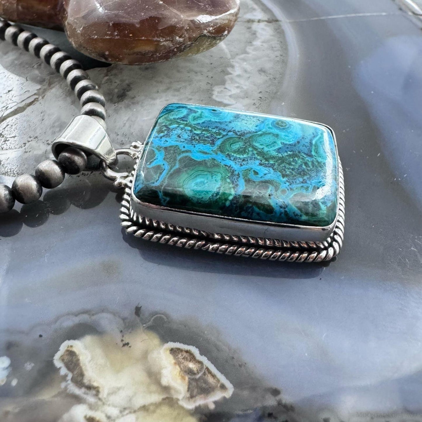 Sterling Silver Southwestern Style Rectangle Azurite Malachite Unisex Pendant