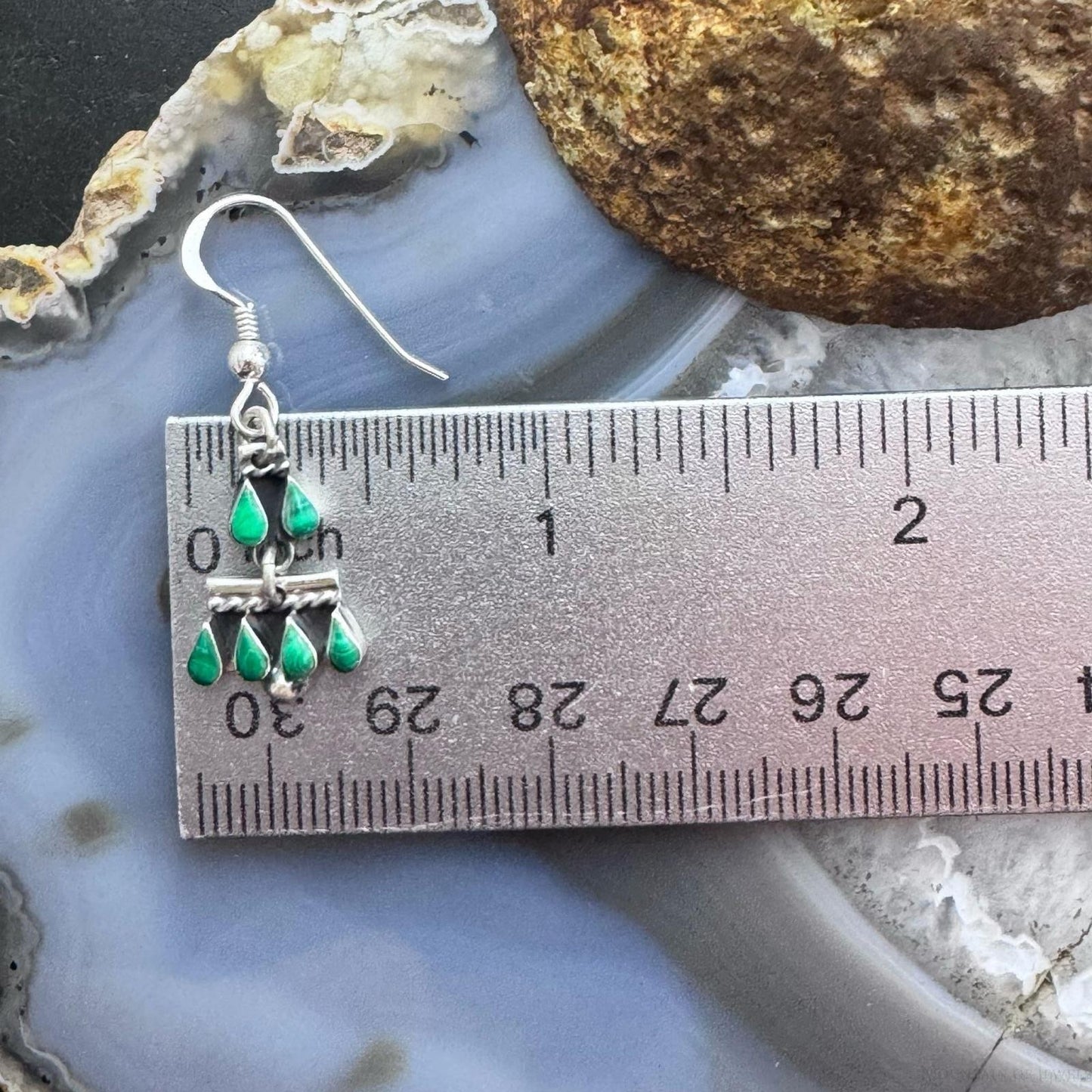 Sterling Silver Southwestern Teardrop Malachite Tiny Dangle Earrings For Women