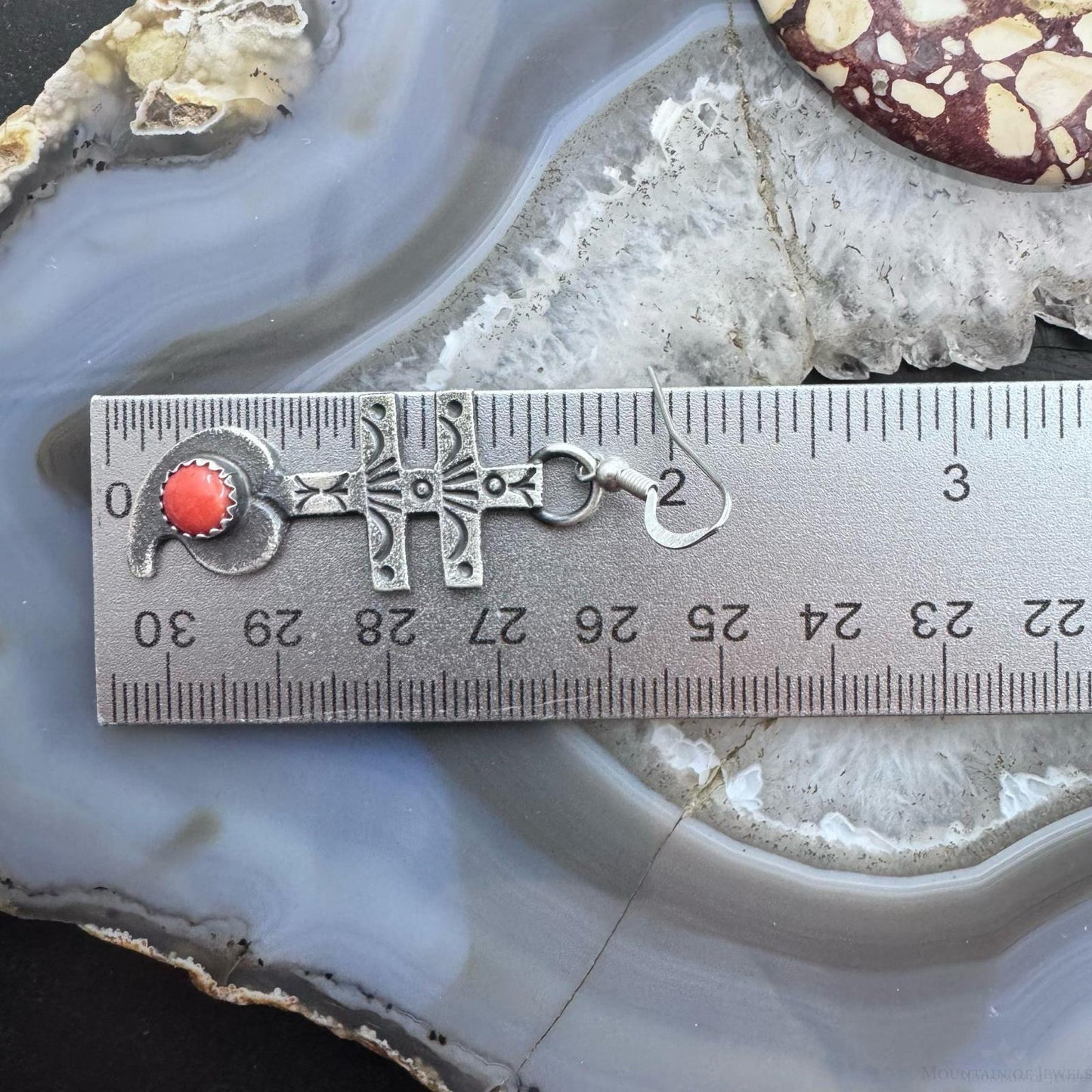 Kevin Billah Native American Sterling Silver Coral Cross & Heart Dangle Earrings For Women