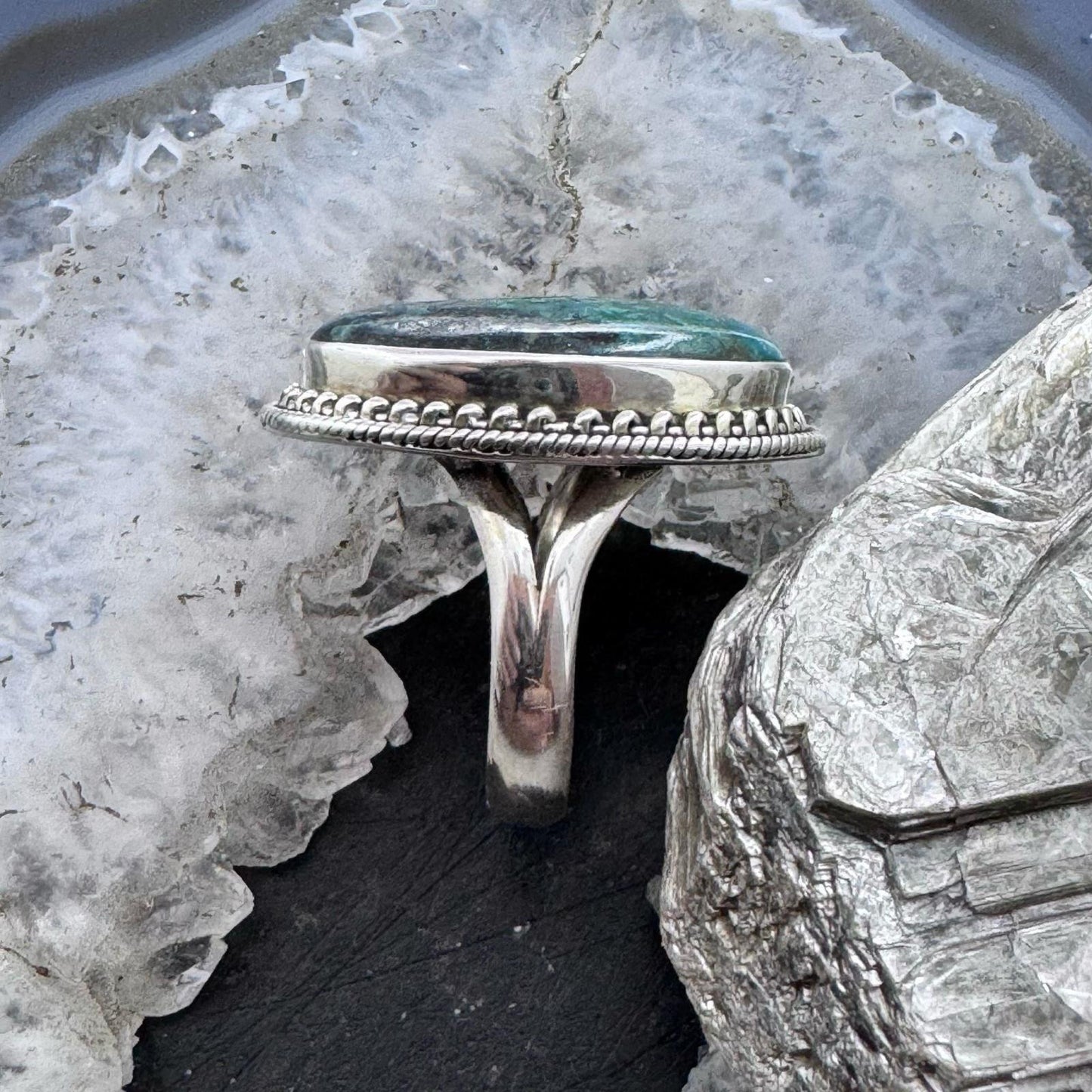 Sterling Silver Southwestern Style Oval Azurite Decorated Ring Size 7 For Women