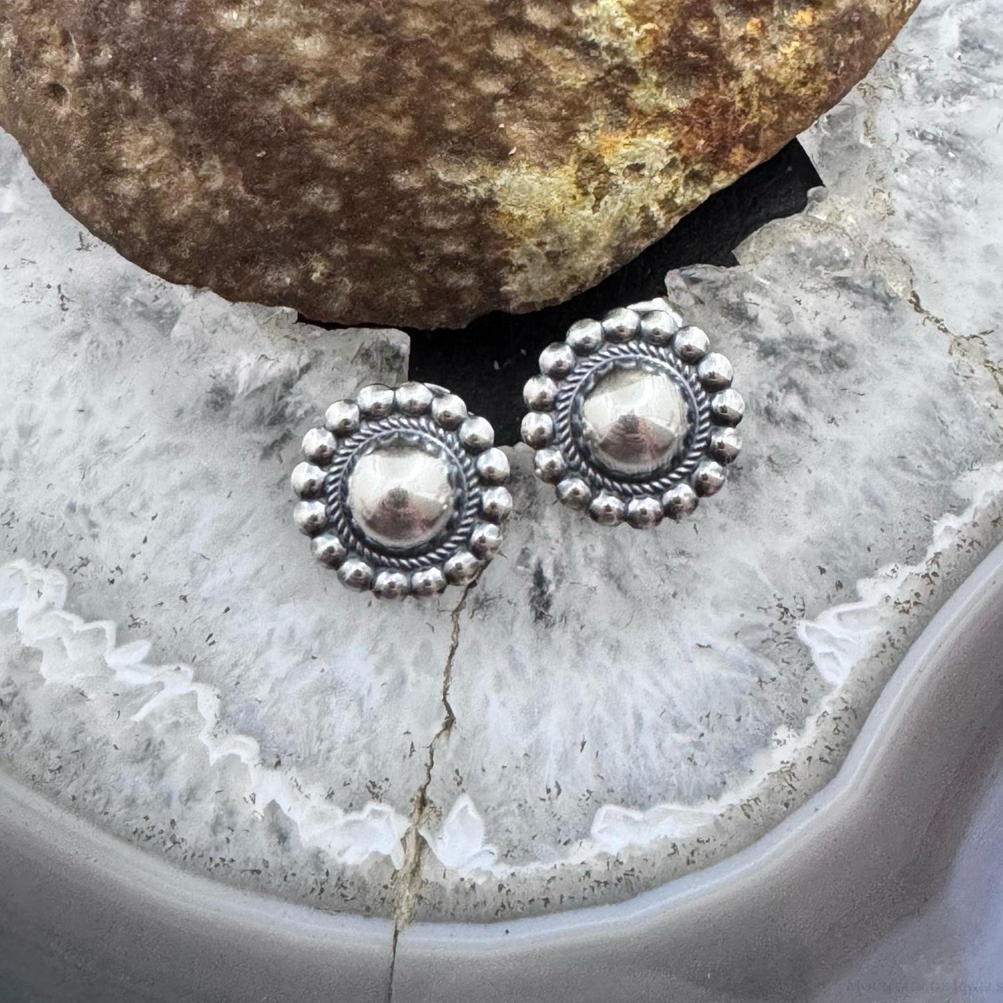 Native American Sterling Silver Stamped Rounded Concho Repousse Post Earrings