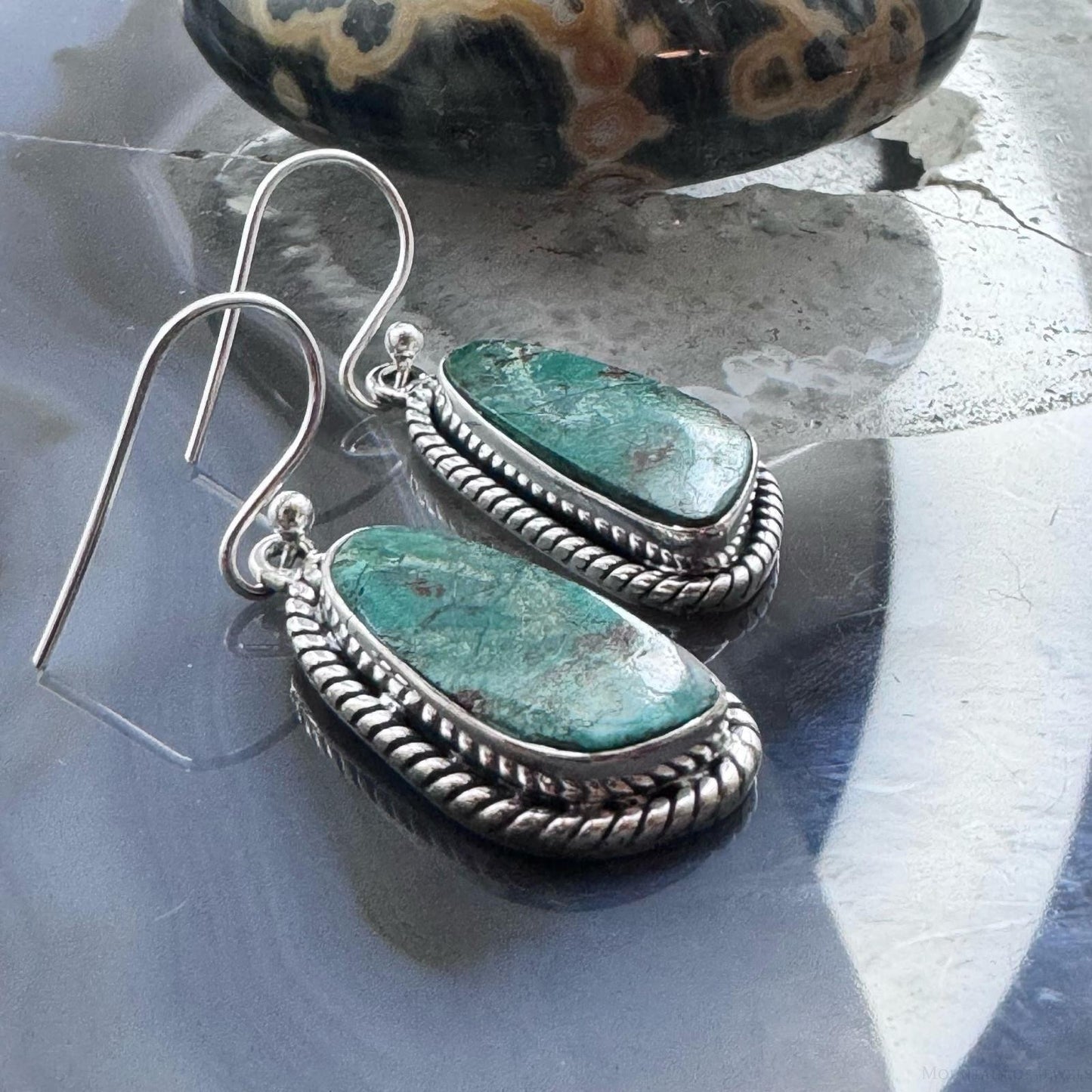 Sterling Silver Southwestern Style Green Shattuckite Dangle Earrings For Women